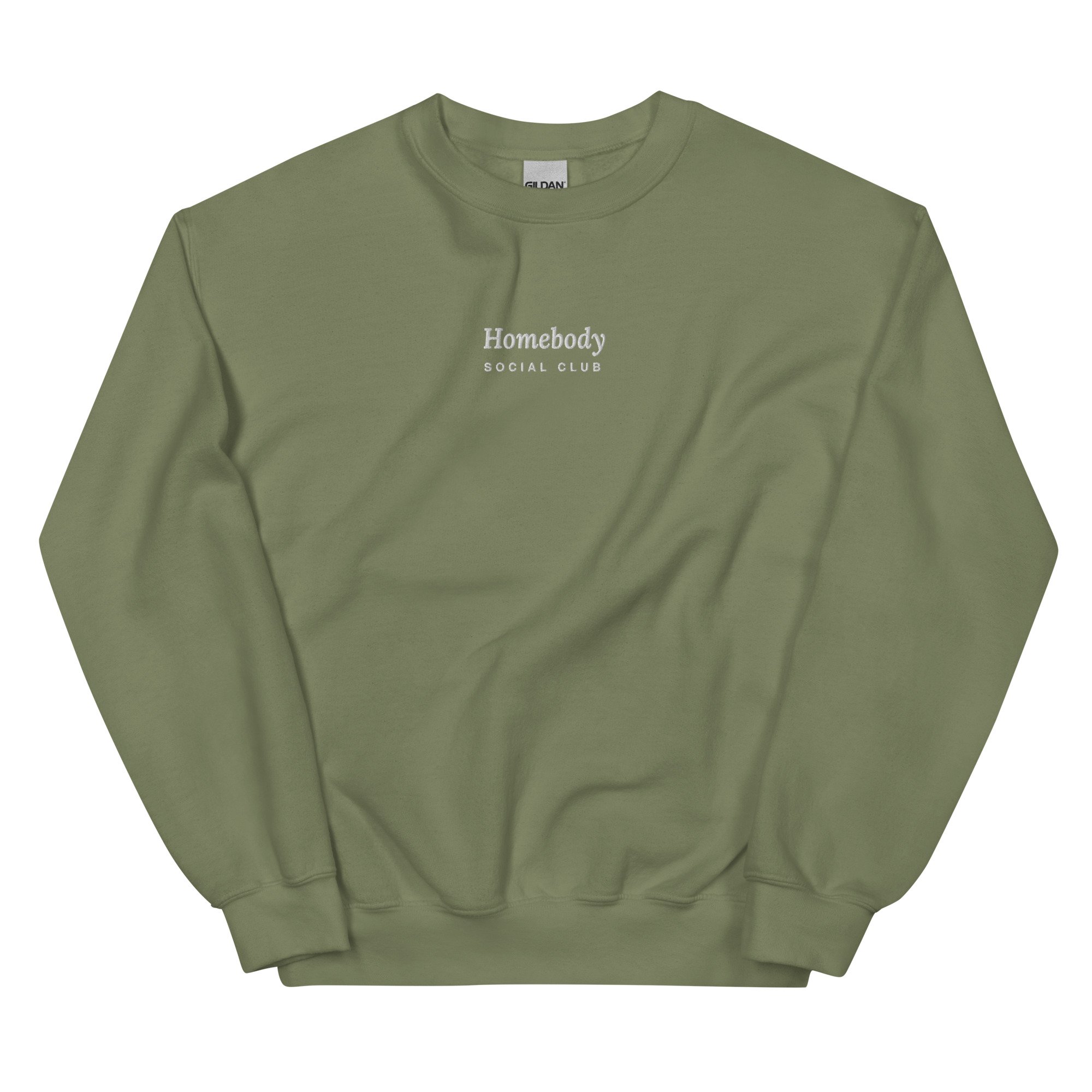 Homebody Social Club Embroidered Crewneck in military green, front view