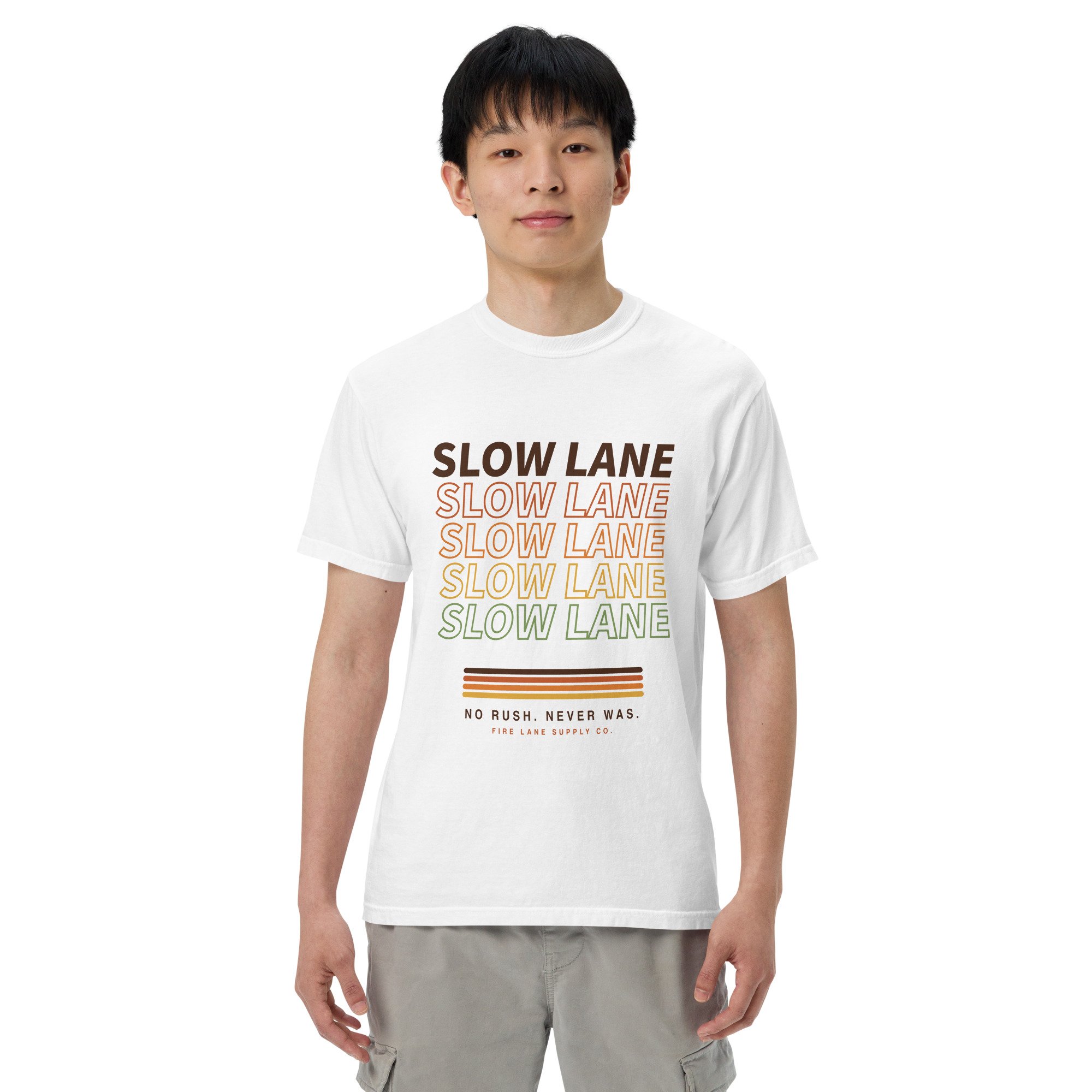 Slow Lane Retro Tee in white, front view
