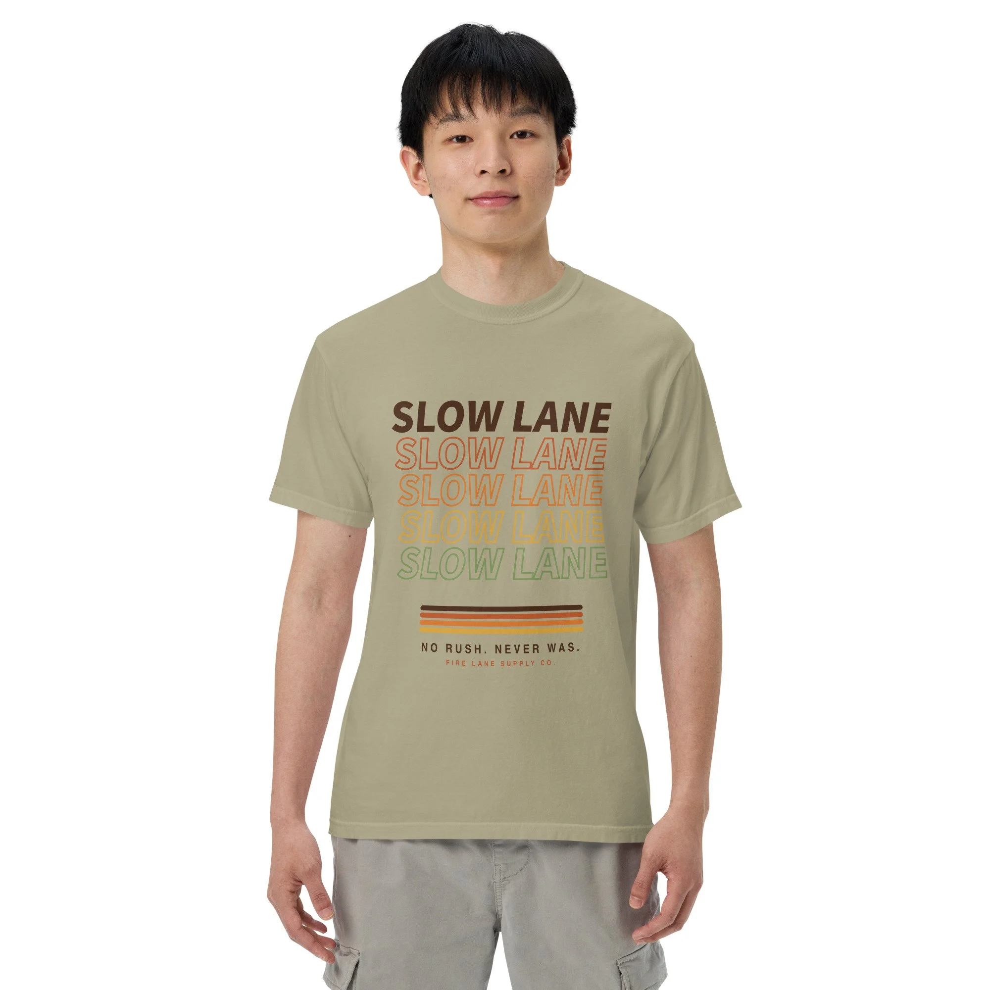 Slow Lane Retro Tee in khaki, front view