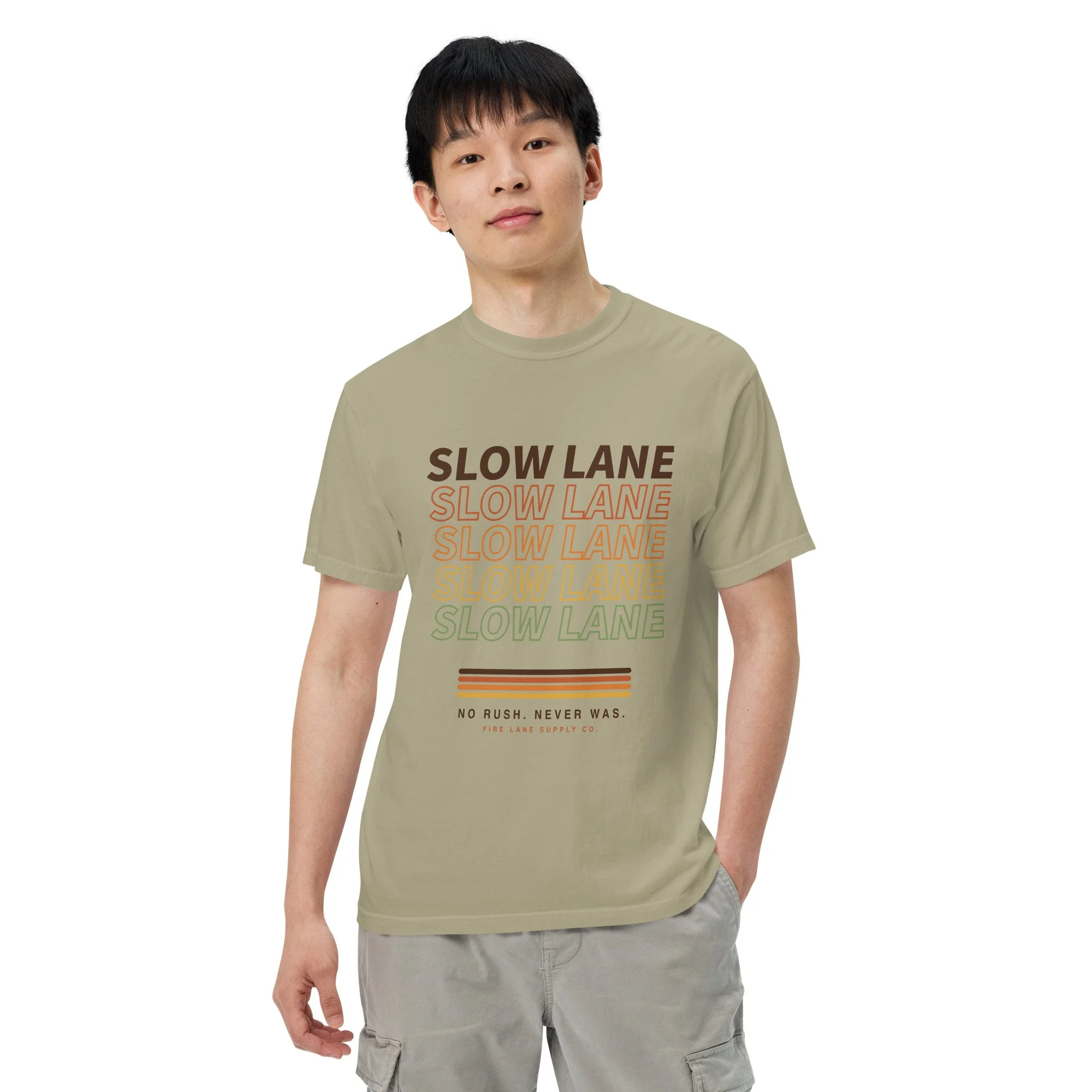 Slow Lane Retro Tee in khaki, front view