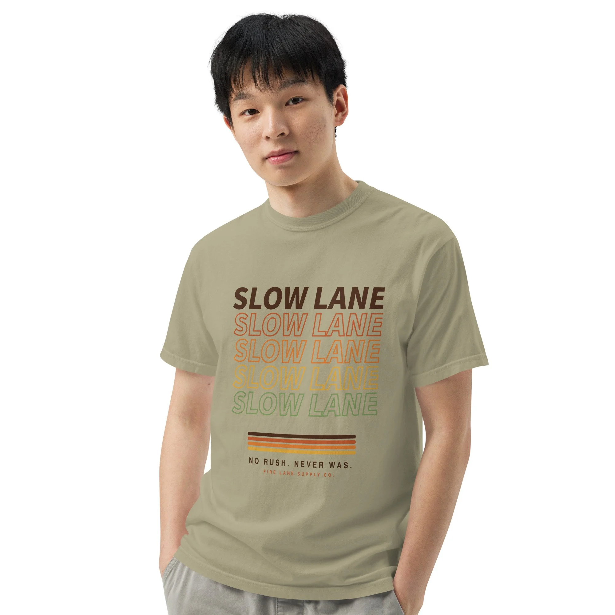 Slow Lane Retro Tee in khaki, front view