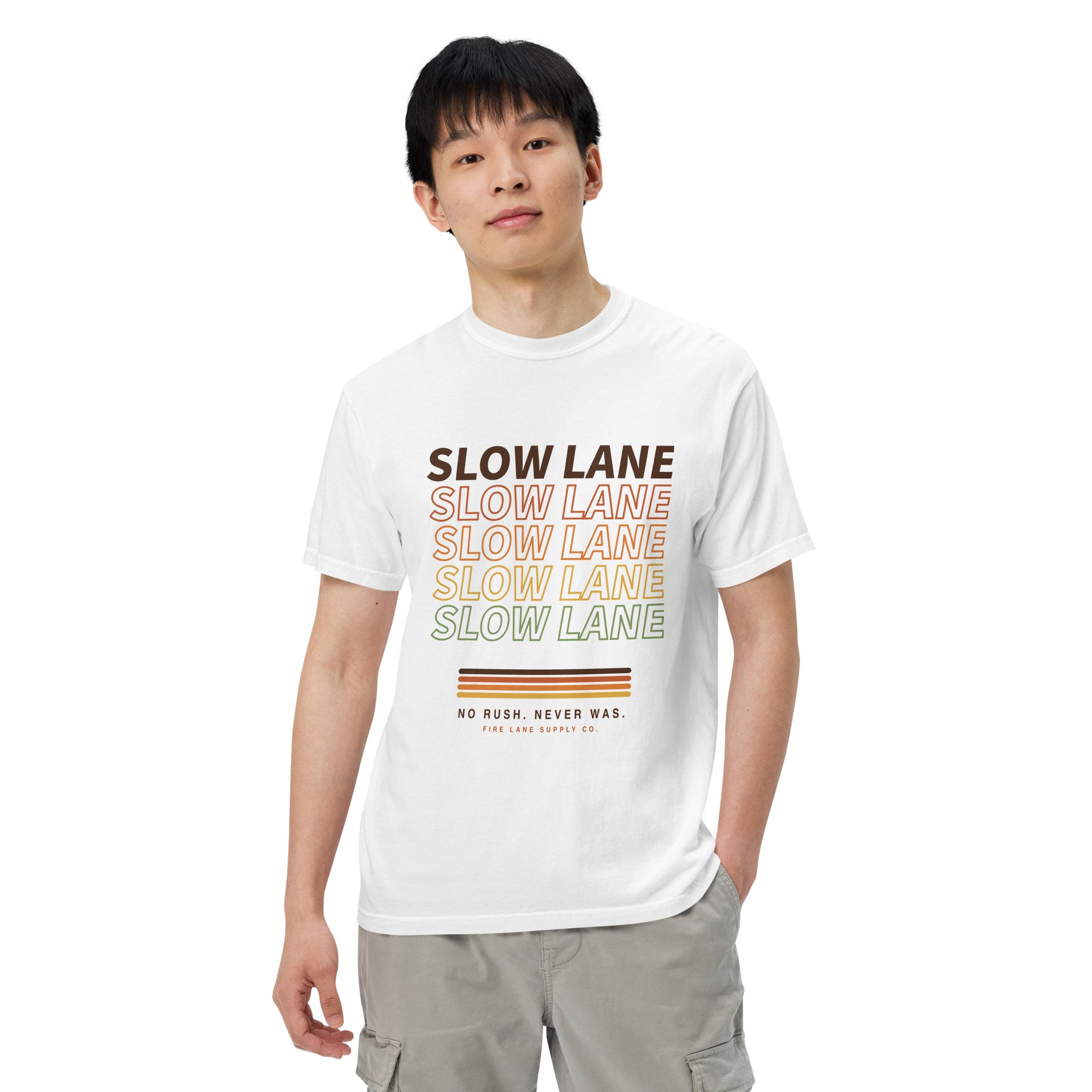 Slow Lane Retro Tee in white, front view