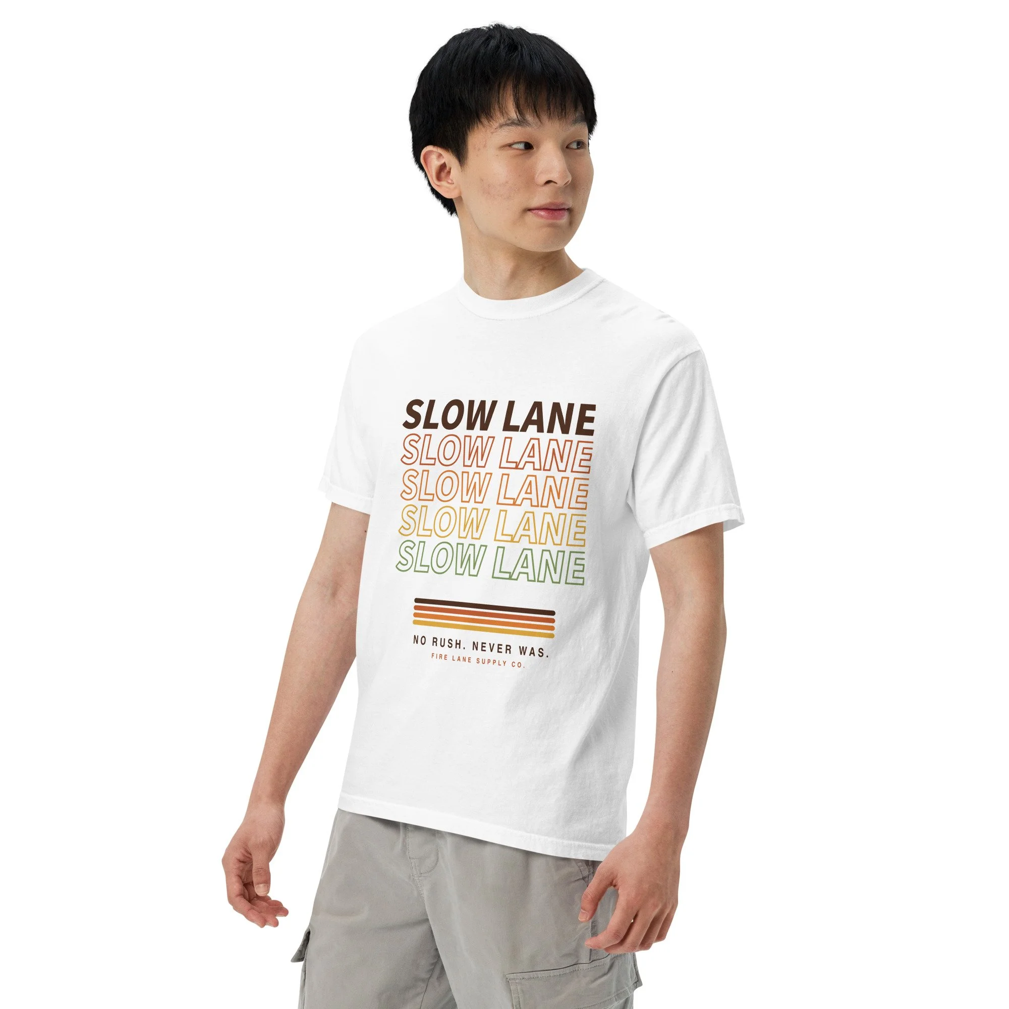 Slow Lane Retro Tee in white, left front view