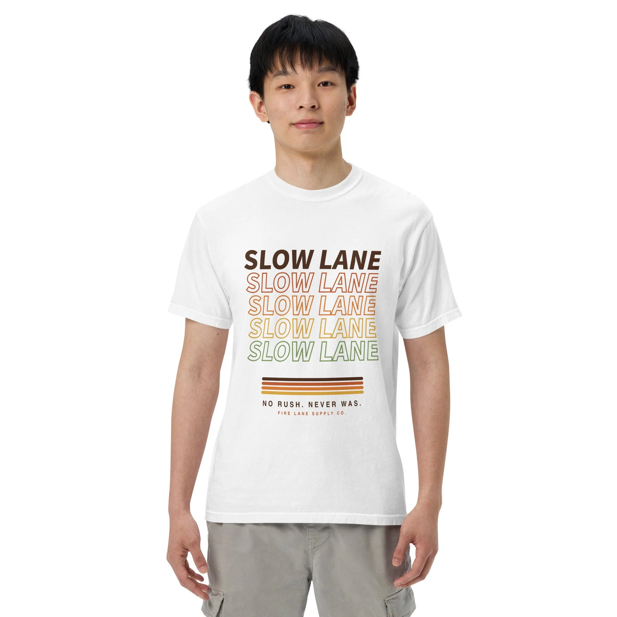 Slow Lane Retro Tee in white, front view