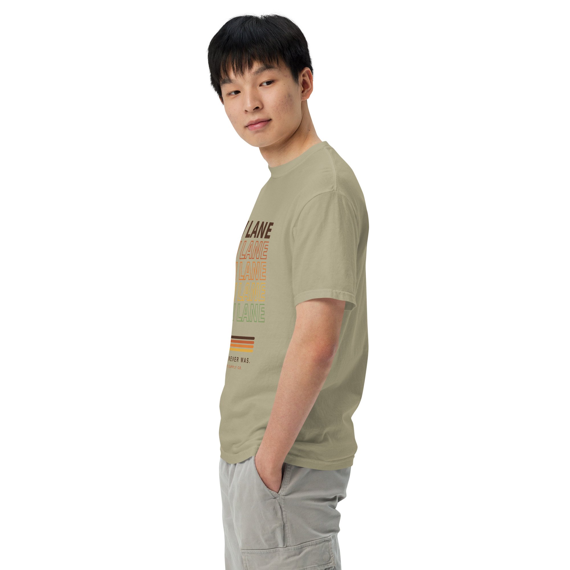 Slow Lane Retro Tee in khaki, left view