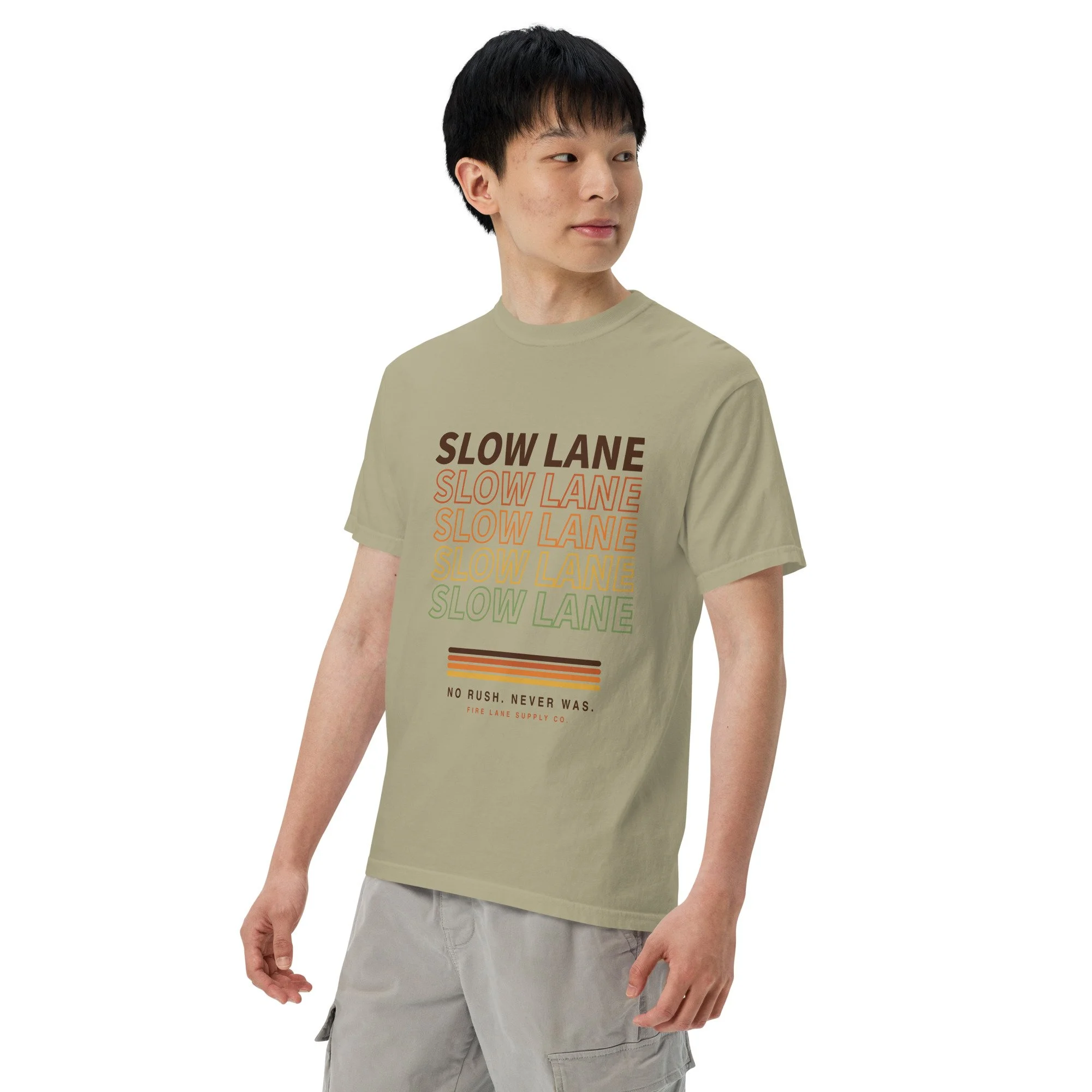 Slow Lane Retro Tee in khaki, left front view