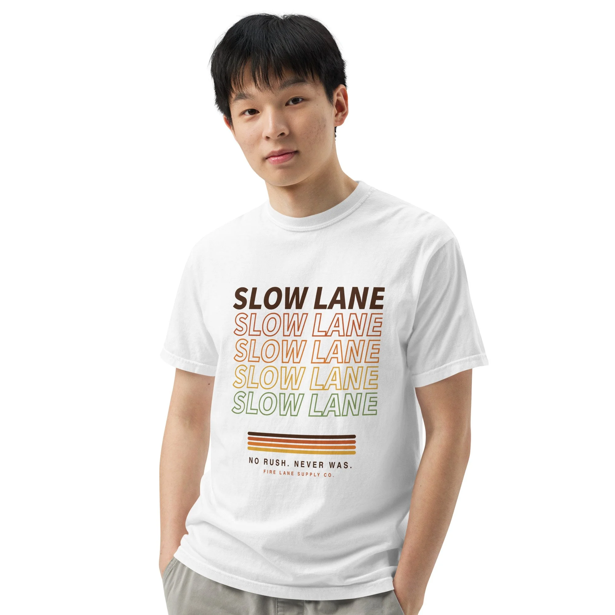 Slow Lane Retro Tee in white, front view