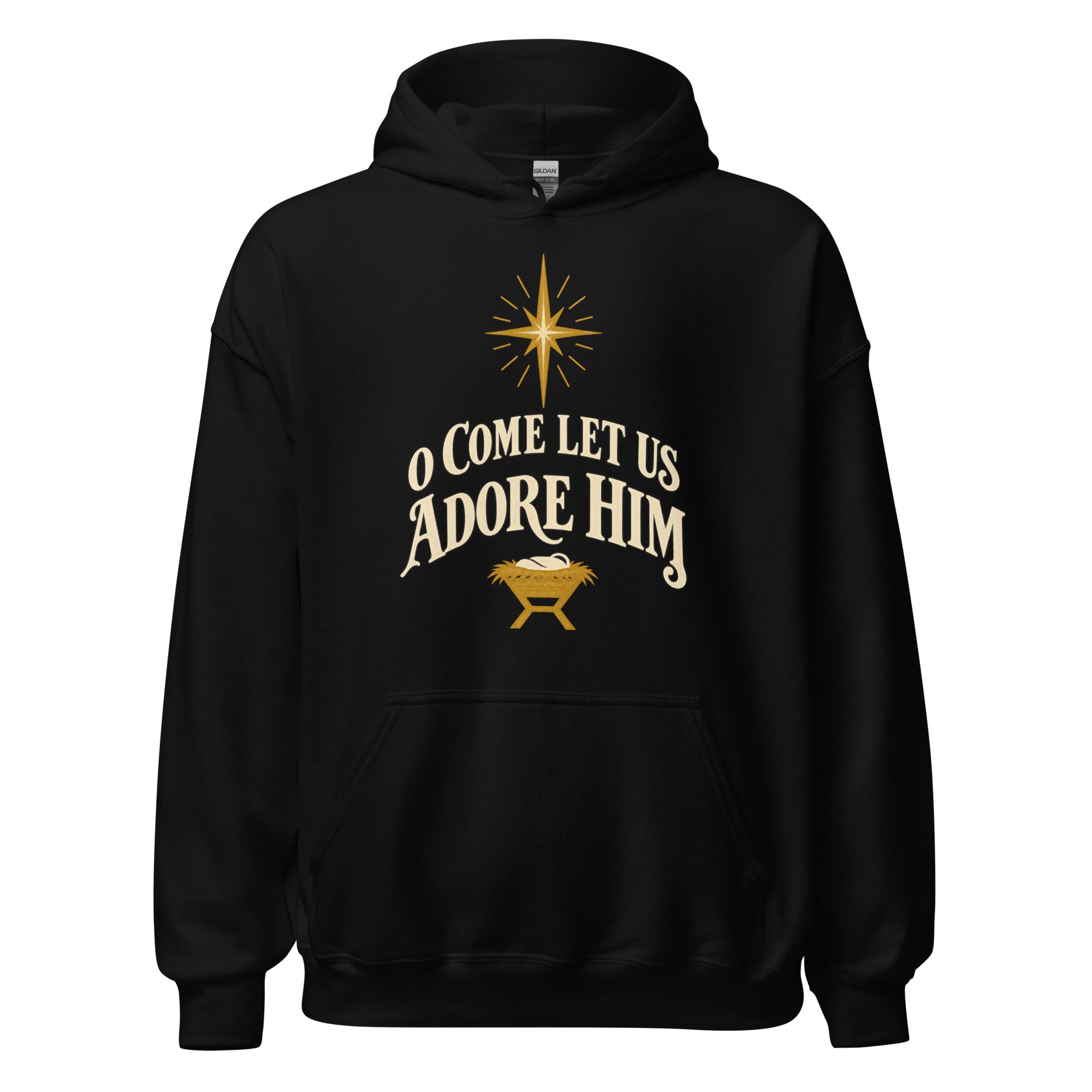 Black O Come Let Us Adore Him Christmas hoodie, front view