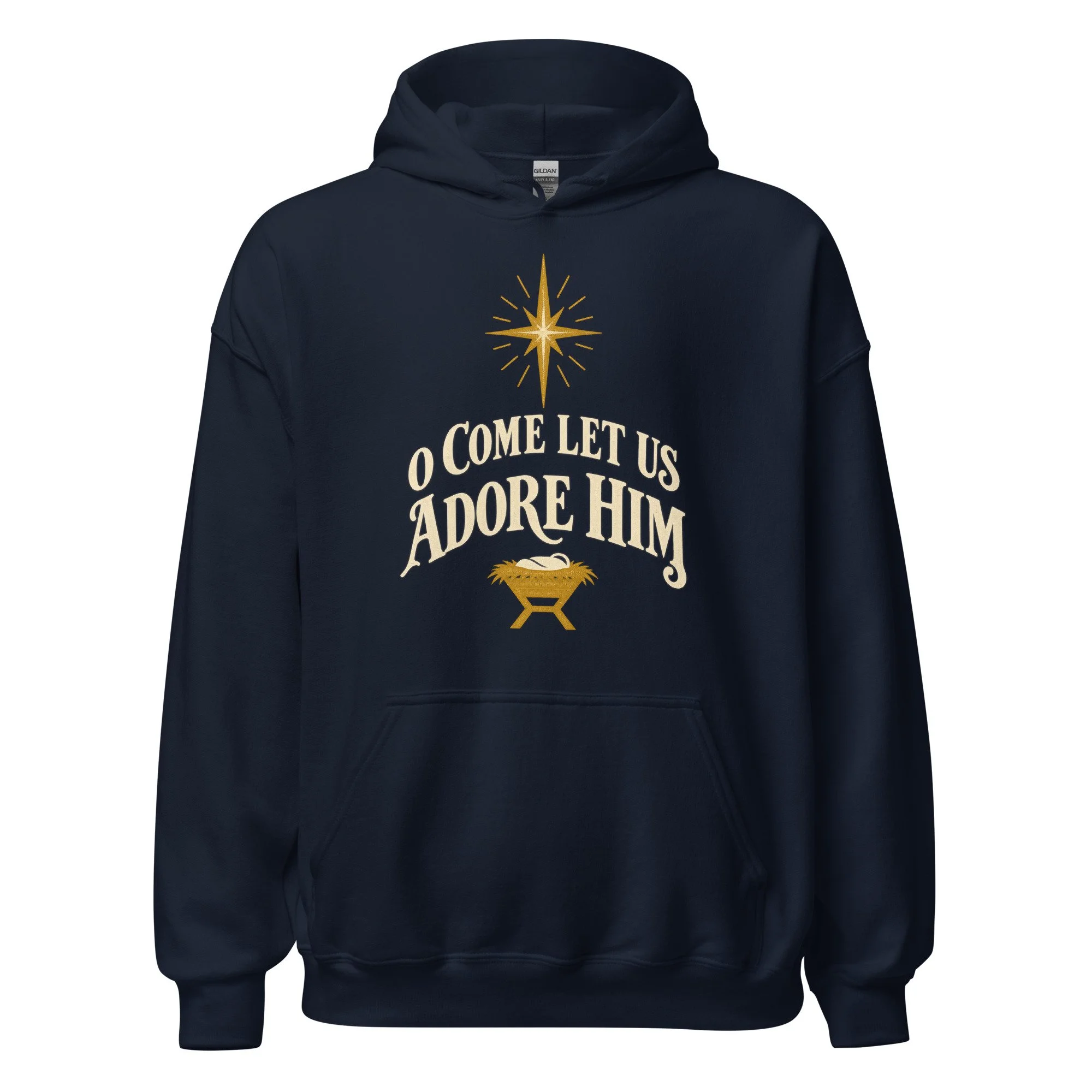 Navy O Come Let Us Adore Him Christmas hoodie, front view