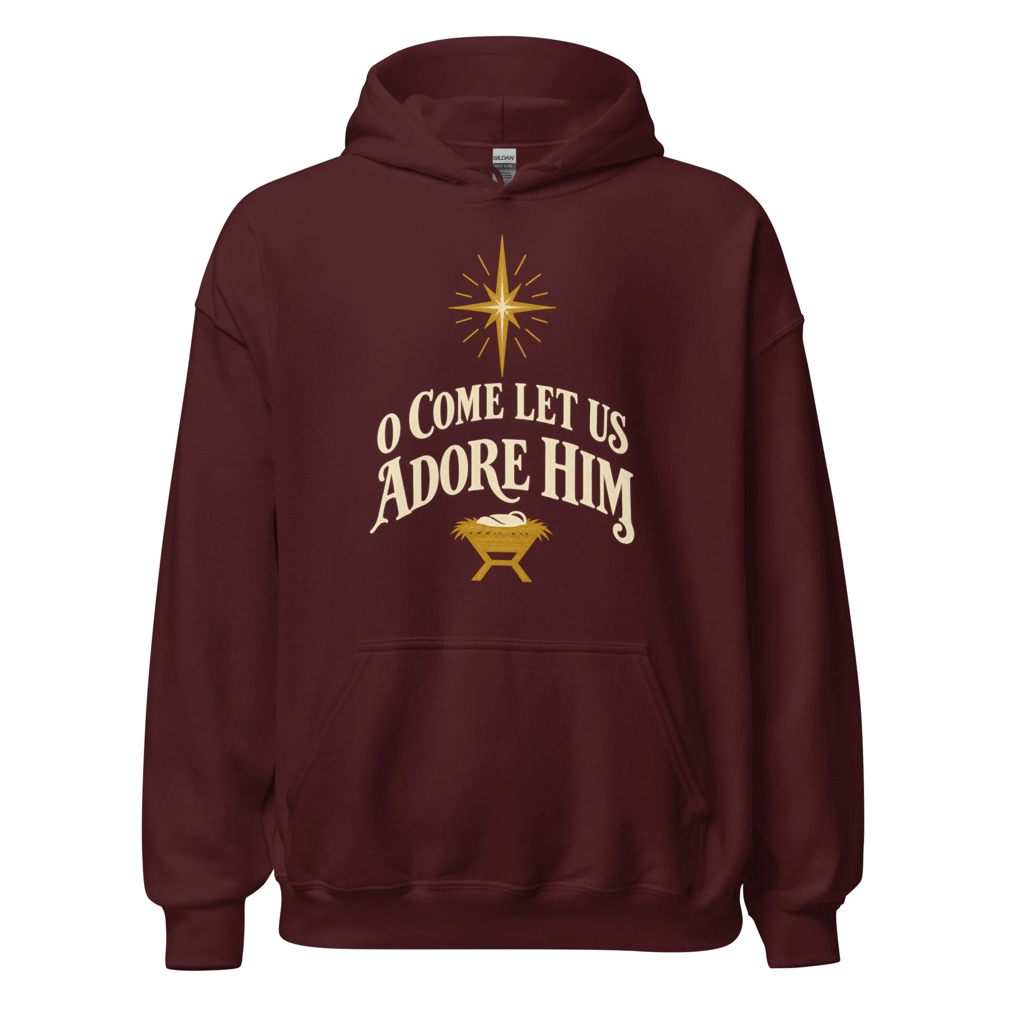 Maroon O Come Let Us Adore Him Christmas hoodie, front view