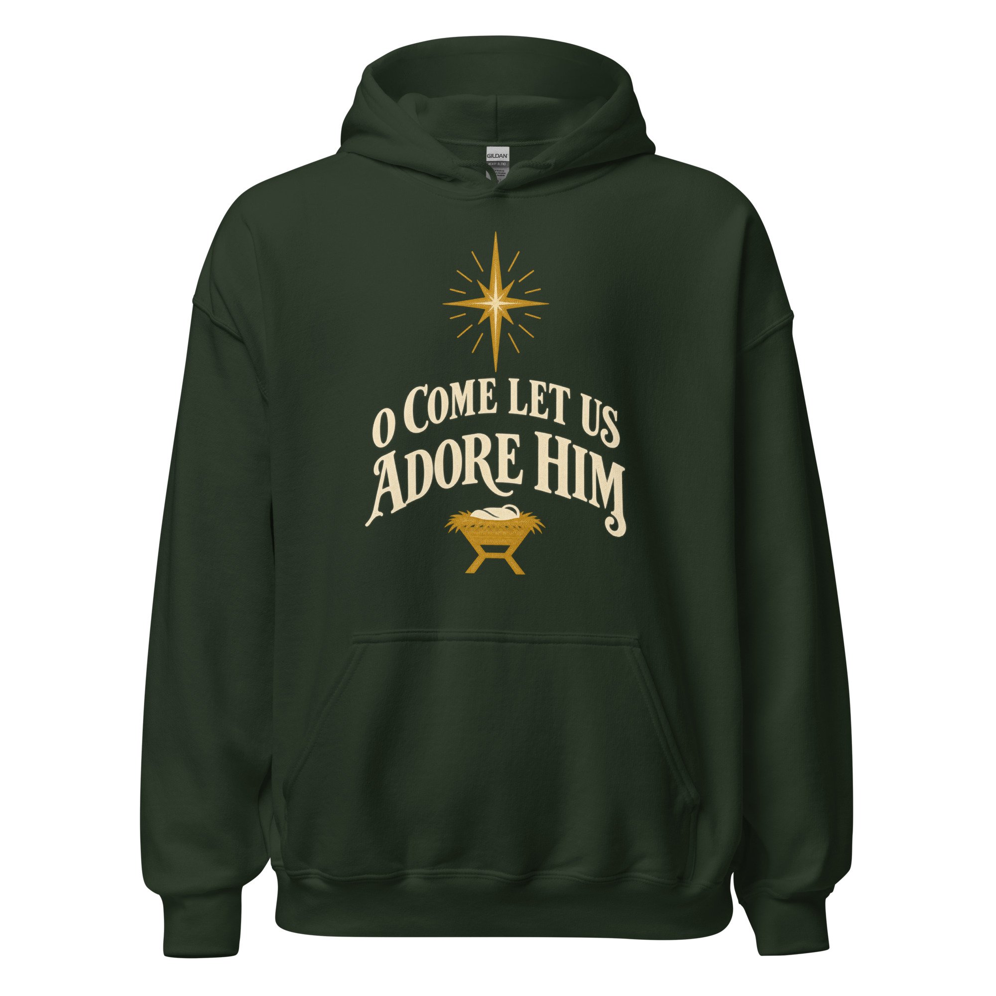 Forest green O Come Let Us Adore Him Christmas hoodie, front view