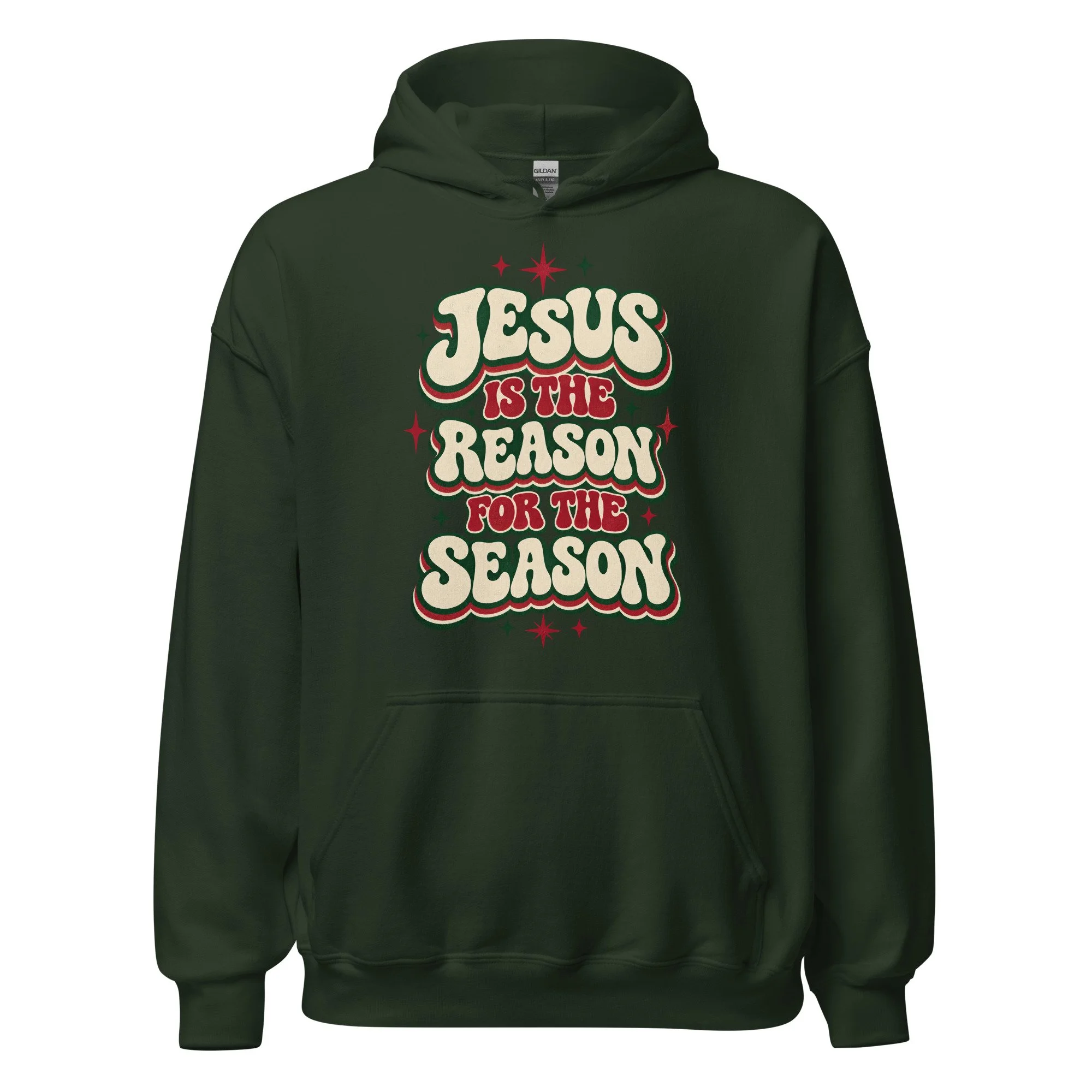 Forest green Jesus Is the Reason for the Season Christmas hoodie, front view