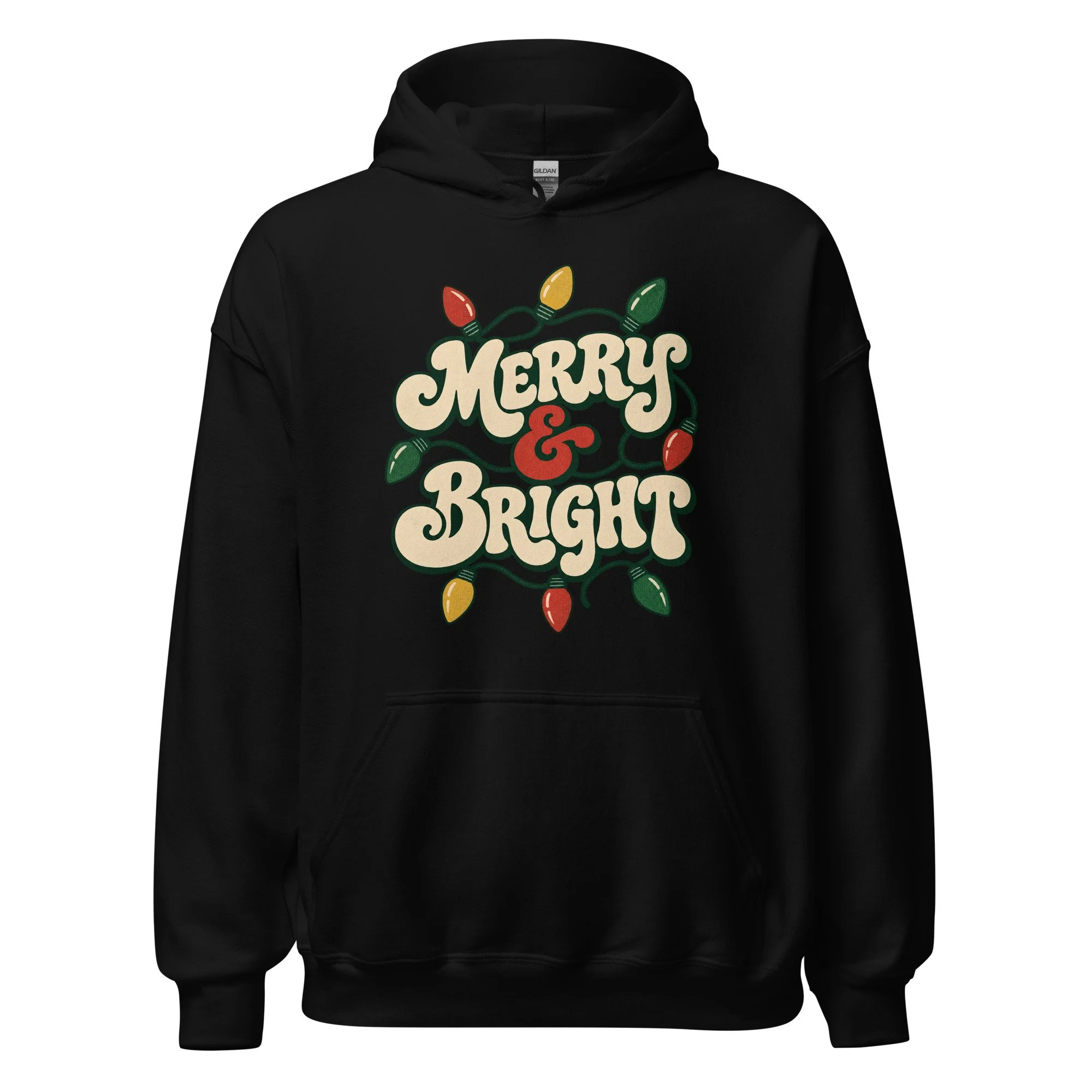 Black Merry and Bright retro Christmas hoodie, front view