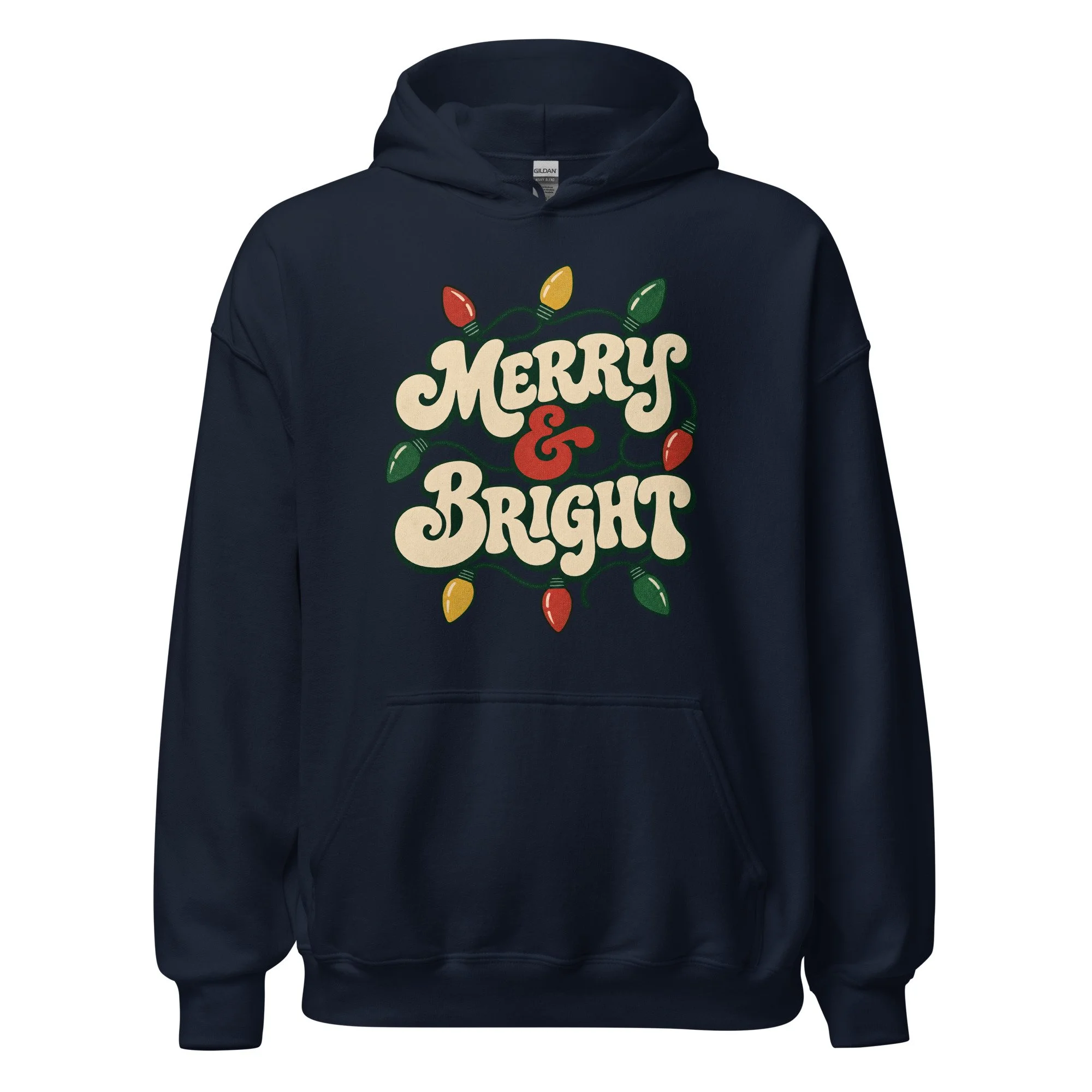 Navy Merry and Bright retro Christmas hoodie, front view