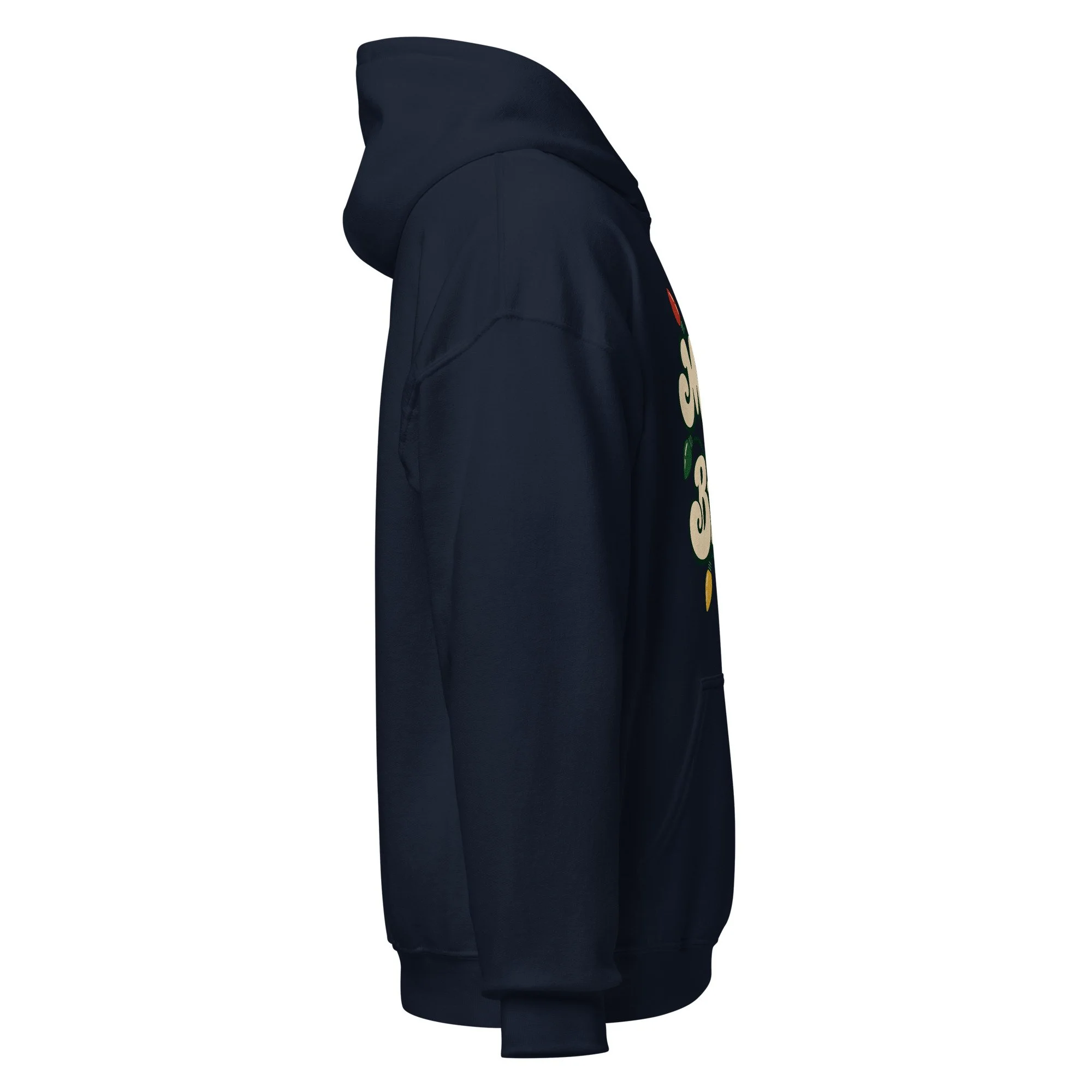 Navy Merry and Bright retro Christmas hoodie, right side view