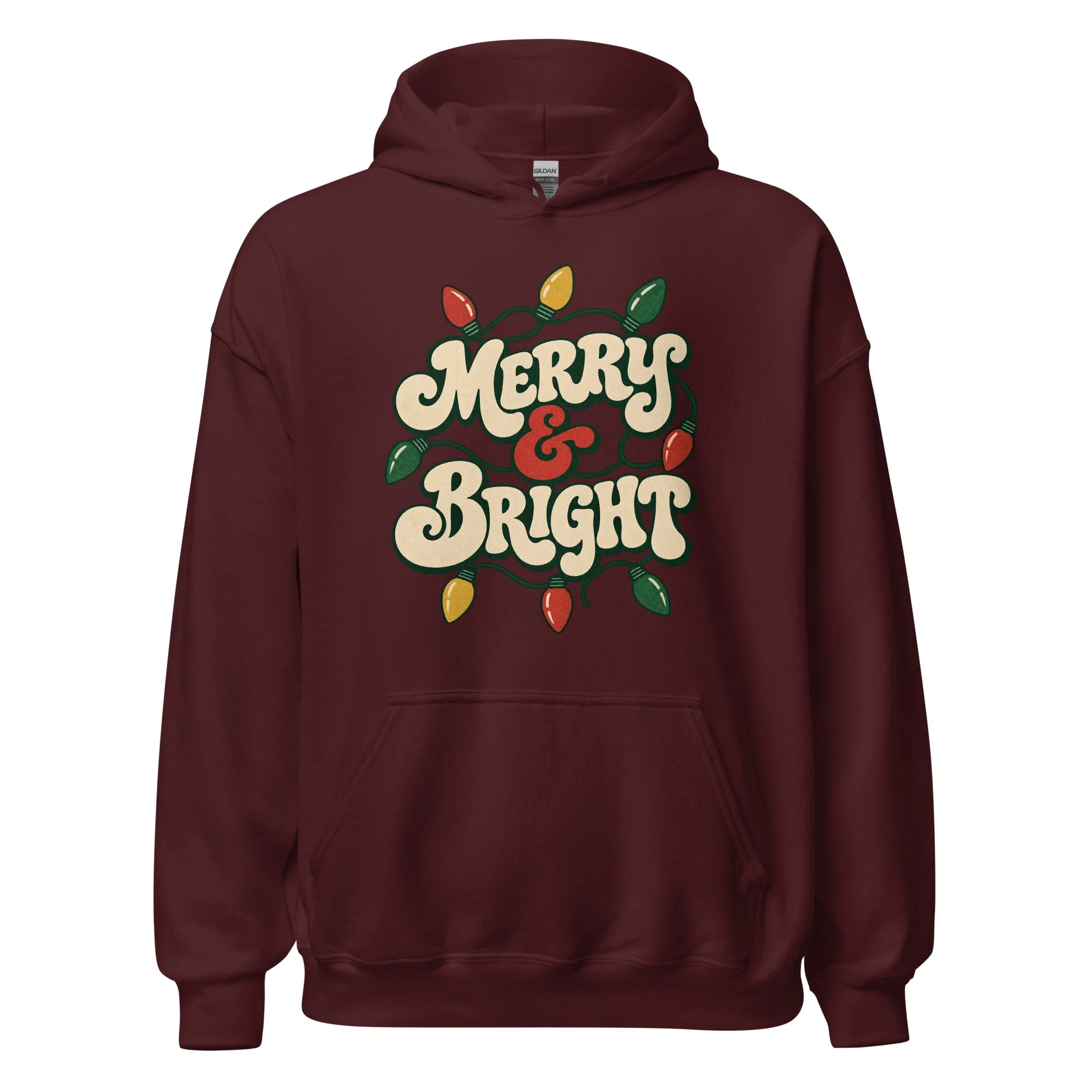 Maroon Merry and Bright retro Christmas hoodie, front view