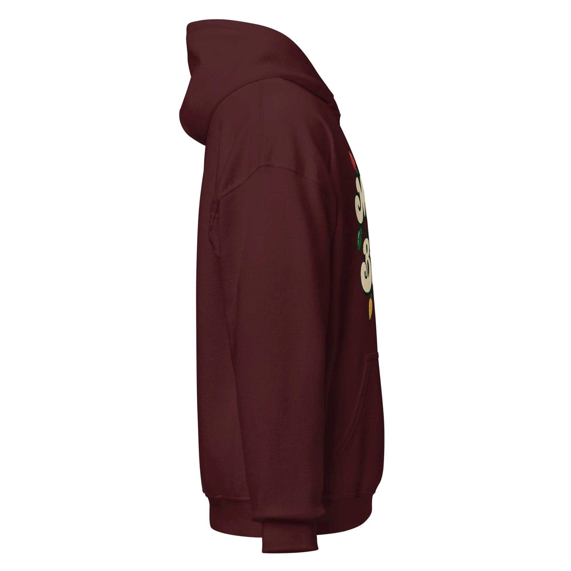 Maroon Merry and Bright retro Christmas hoodie, right side view