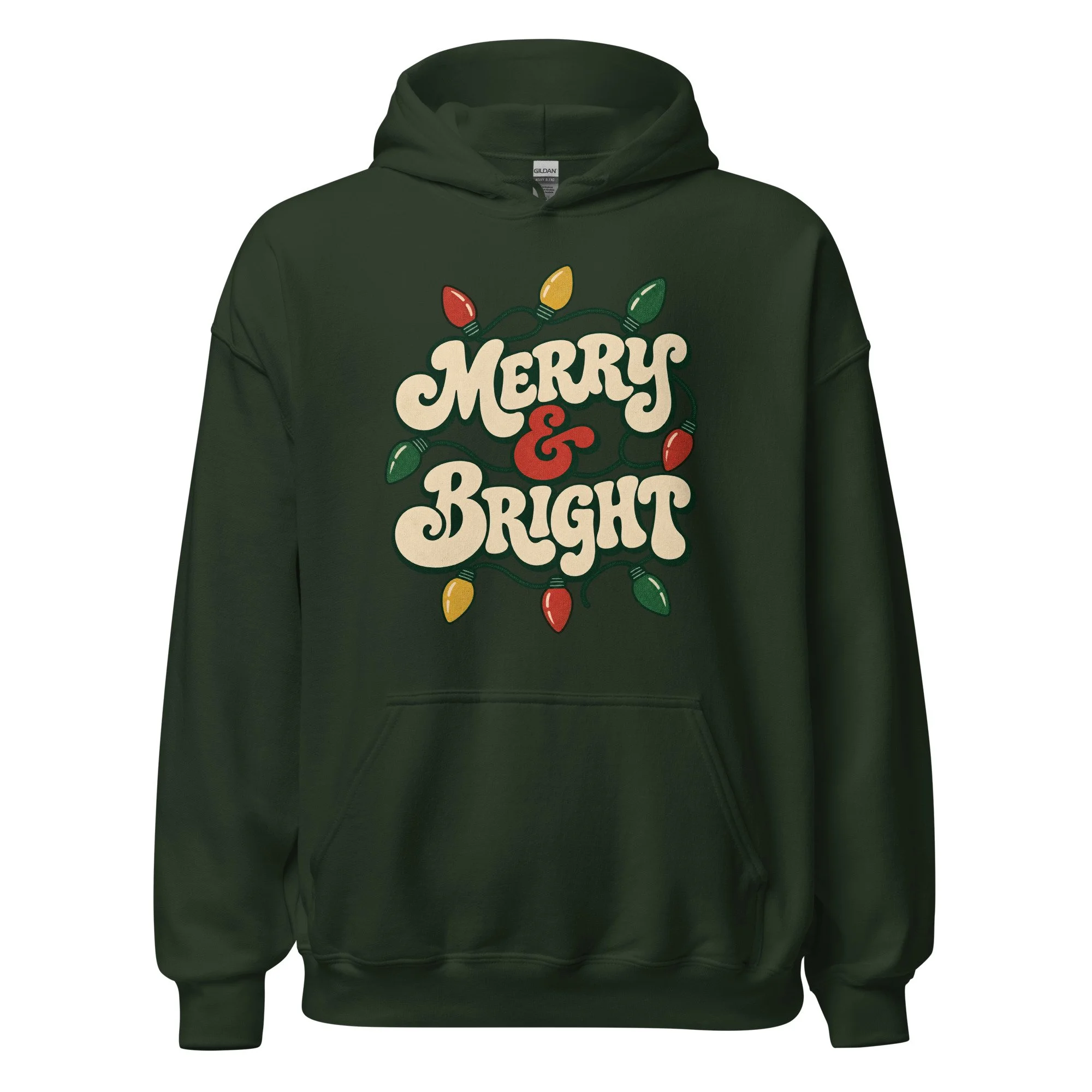 Forest green Merry and Bright retro Christmas hoodie, front view