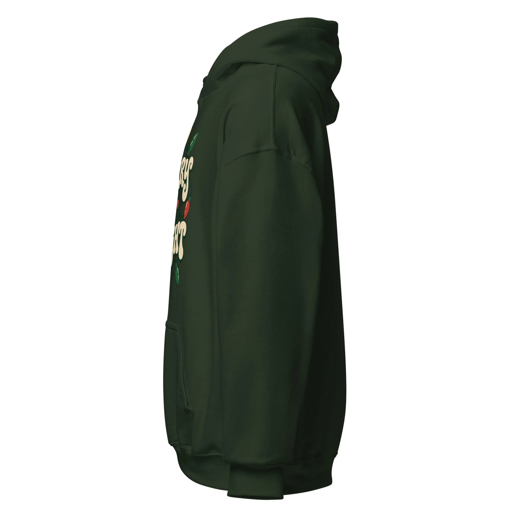 Forest green Merry and Bright retro Christmas hoodie, left side view