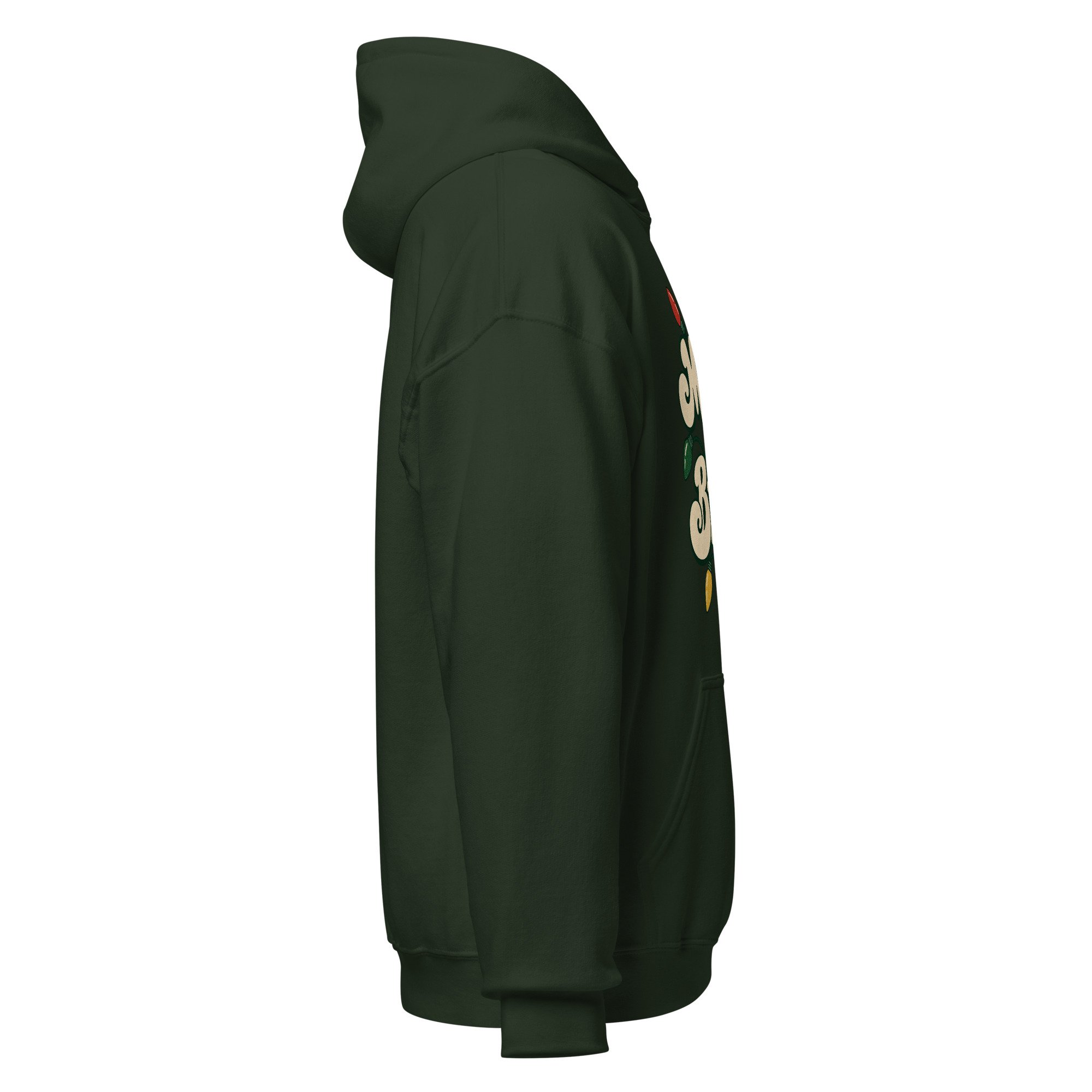 Forest green Merry and Bright retro Christmas hoodie, right side view