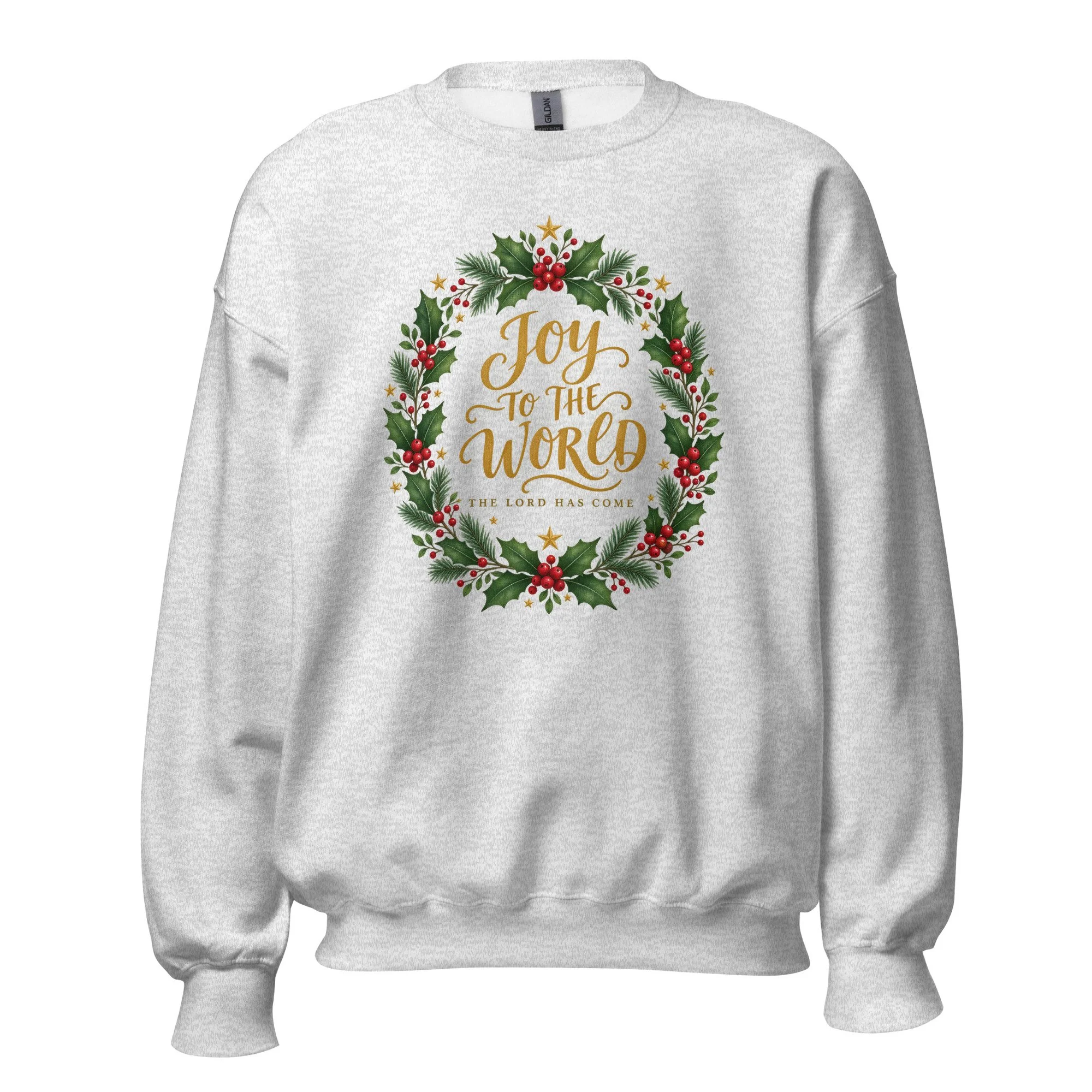 Ash Joy to the World Christmas crewneck sweatshirt, front view
