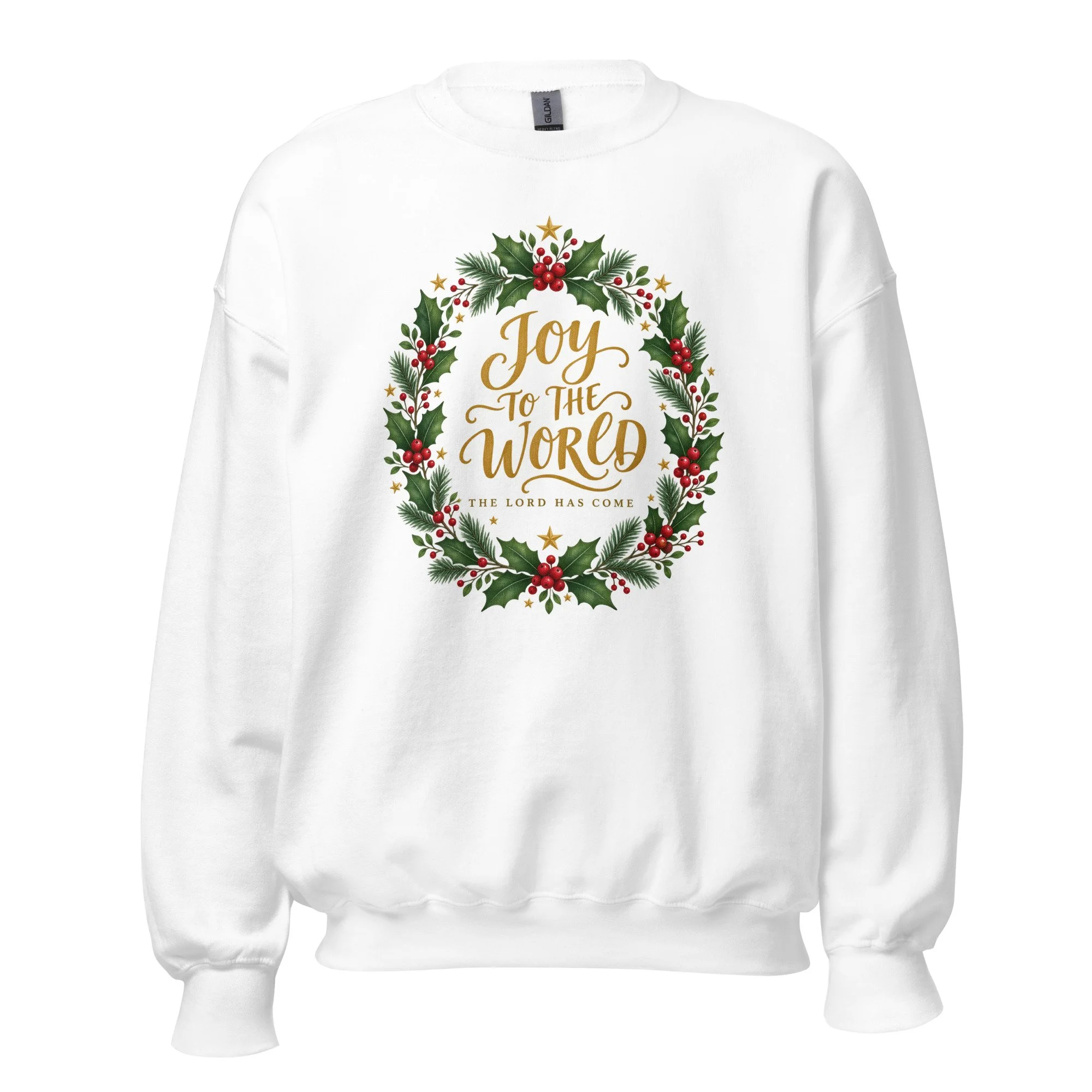 White Joy to the World Christmas crewneck sweatshirt, front view