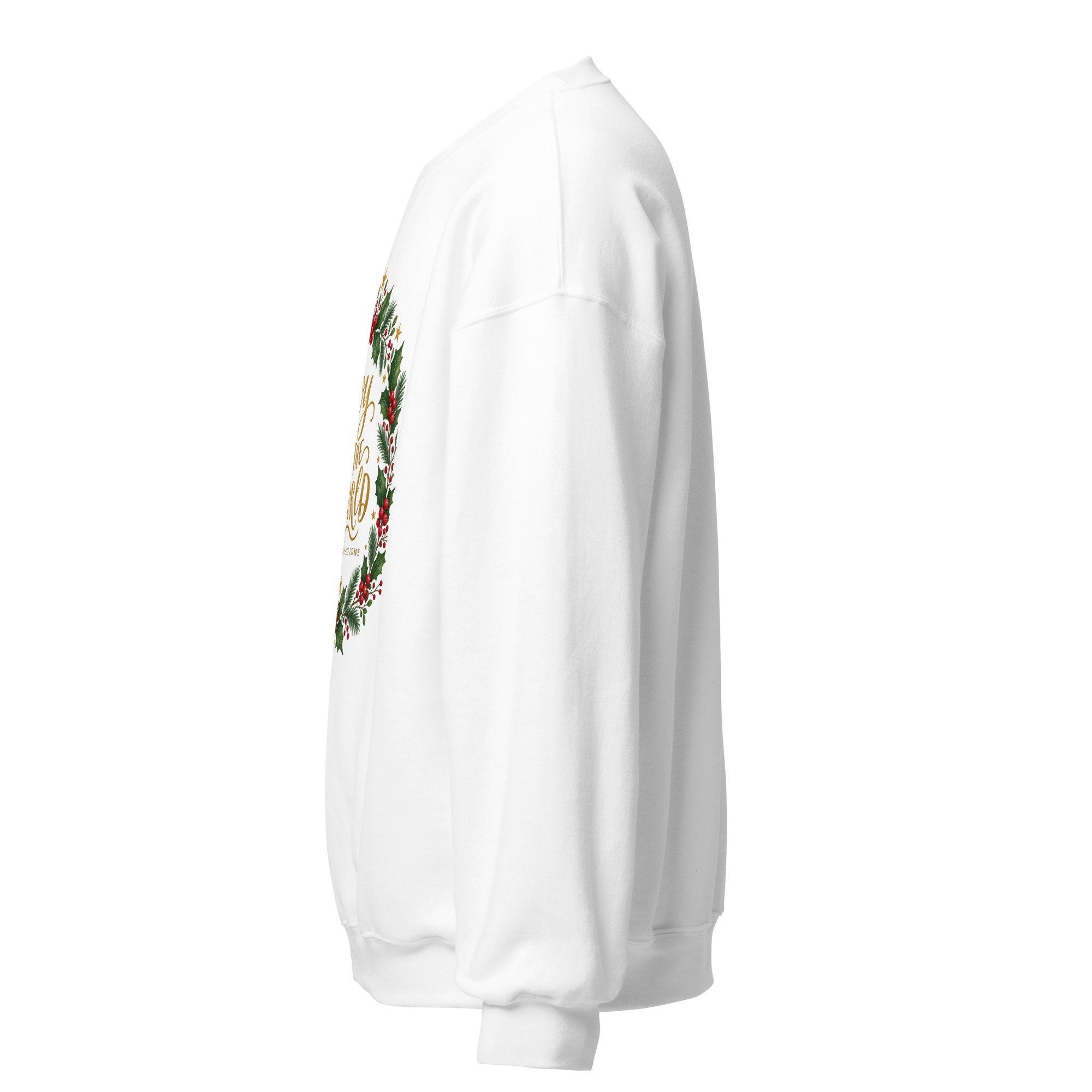 White Joy to the World Christmas crewneck sweatshirt, left side view