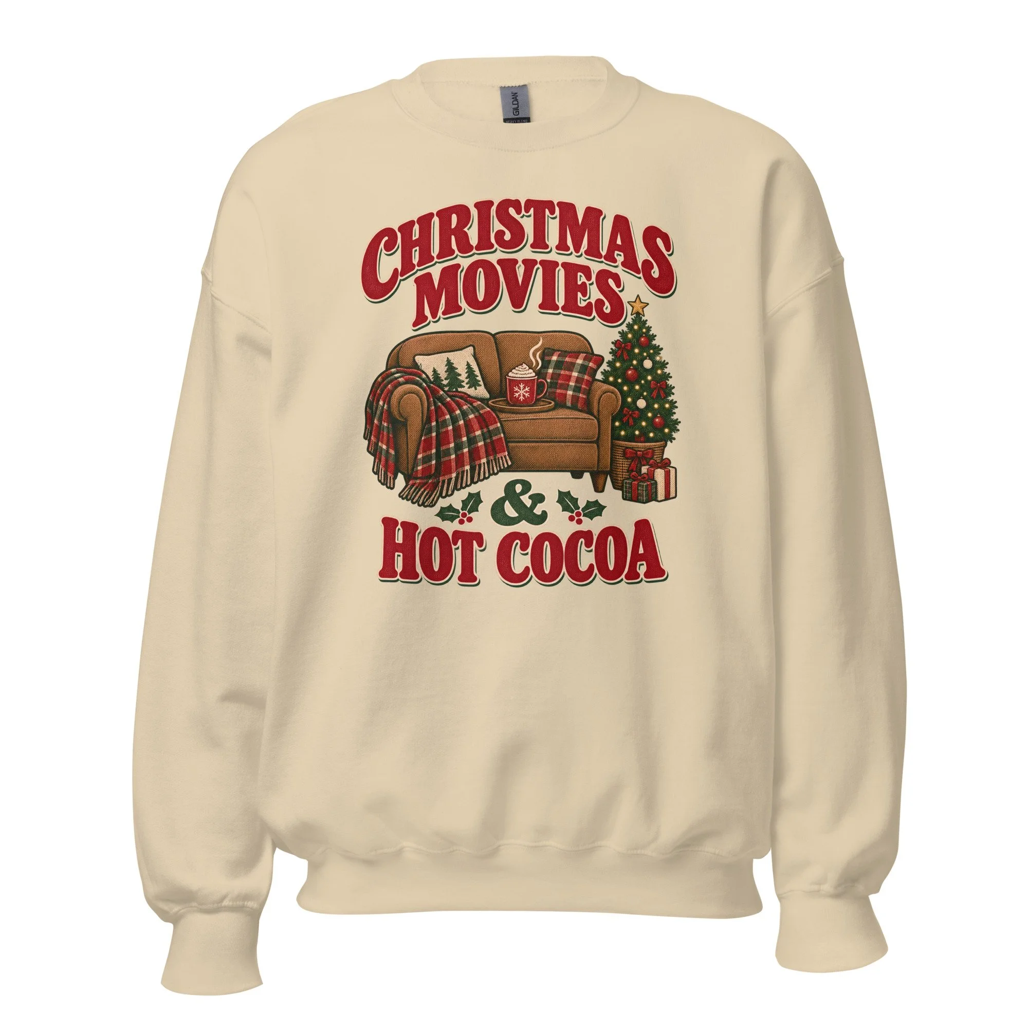 Sand Christmas Movies and Hot Cocoa crewneck sweatshirt, front view