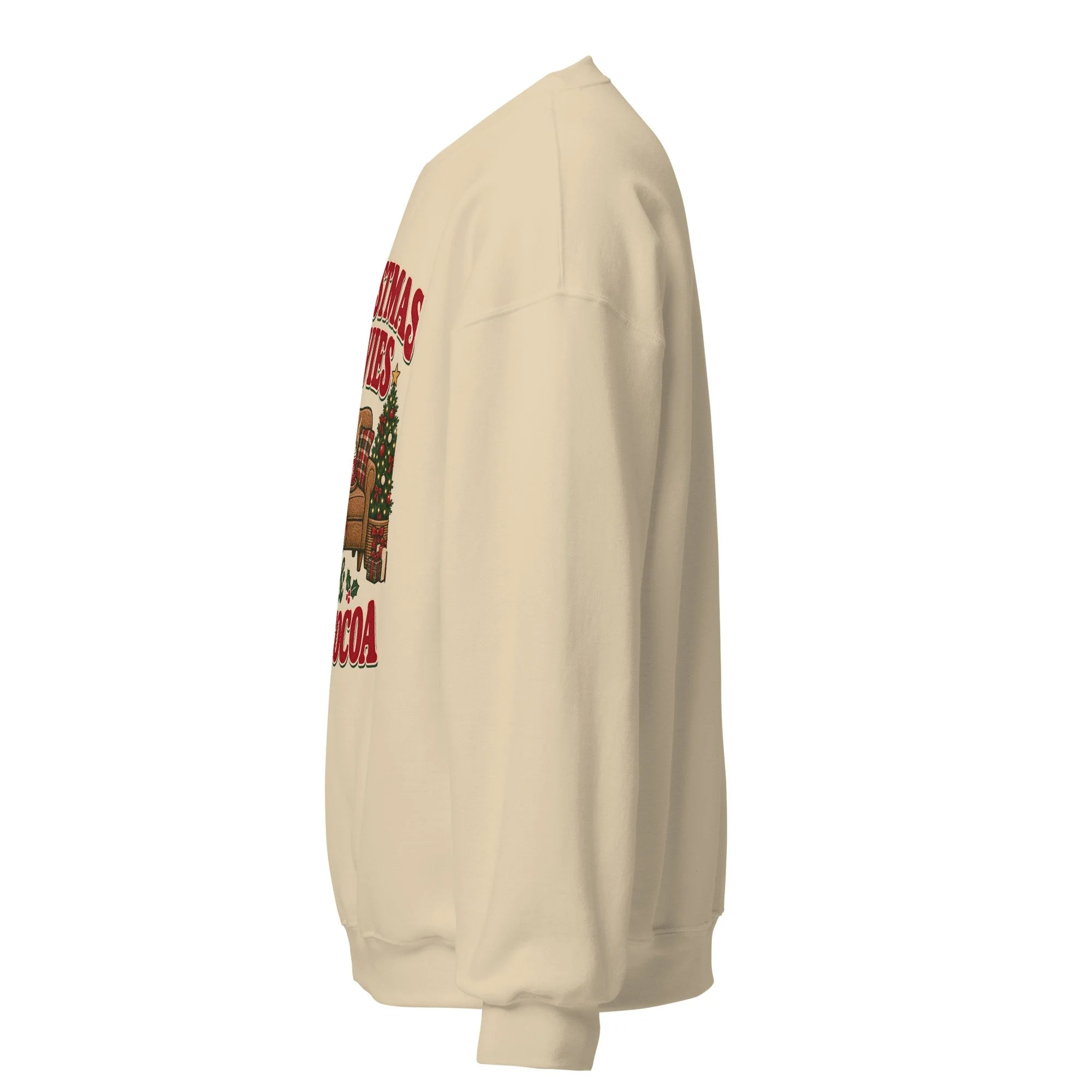 Sand Christmas Movies and Hot Cocoa crewneck sweatshirt, left side view