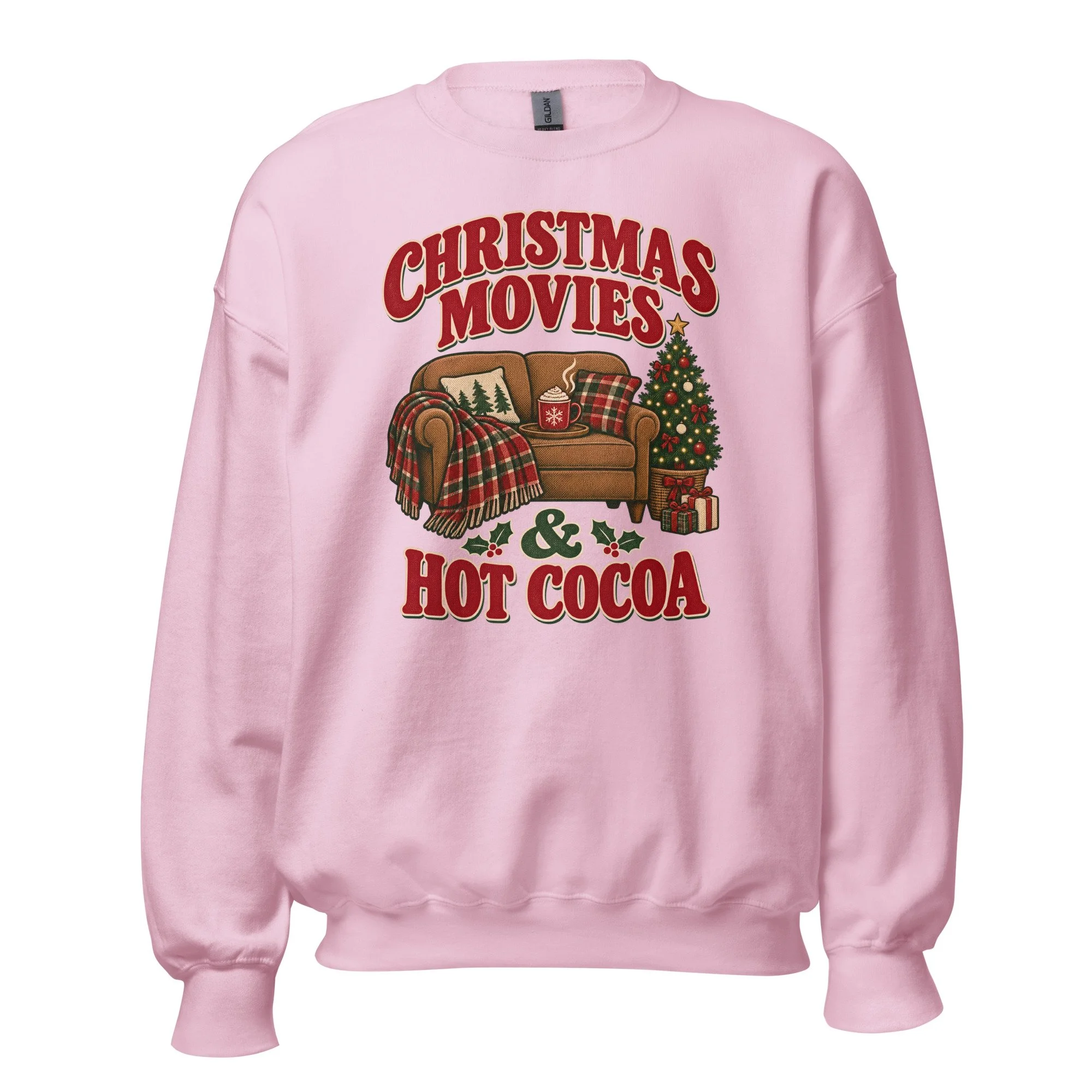 Light pink Christmas Movies and Hot Cocoa crewneck sweatshirt, front view