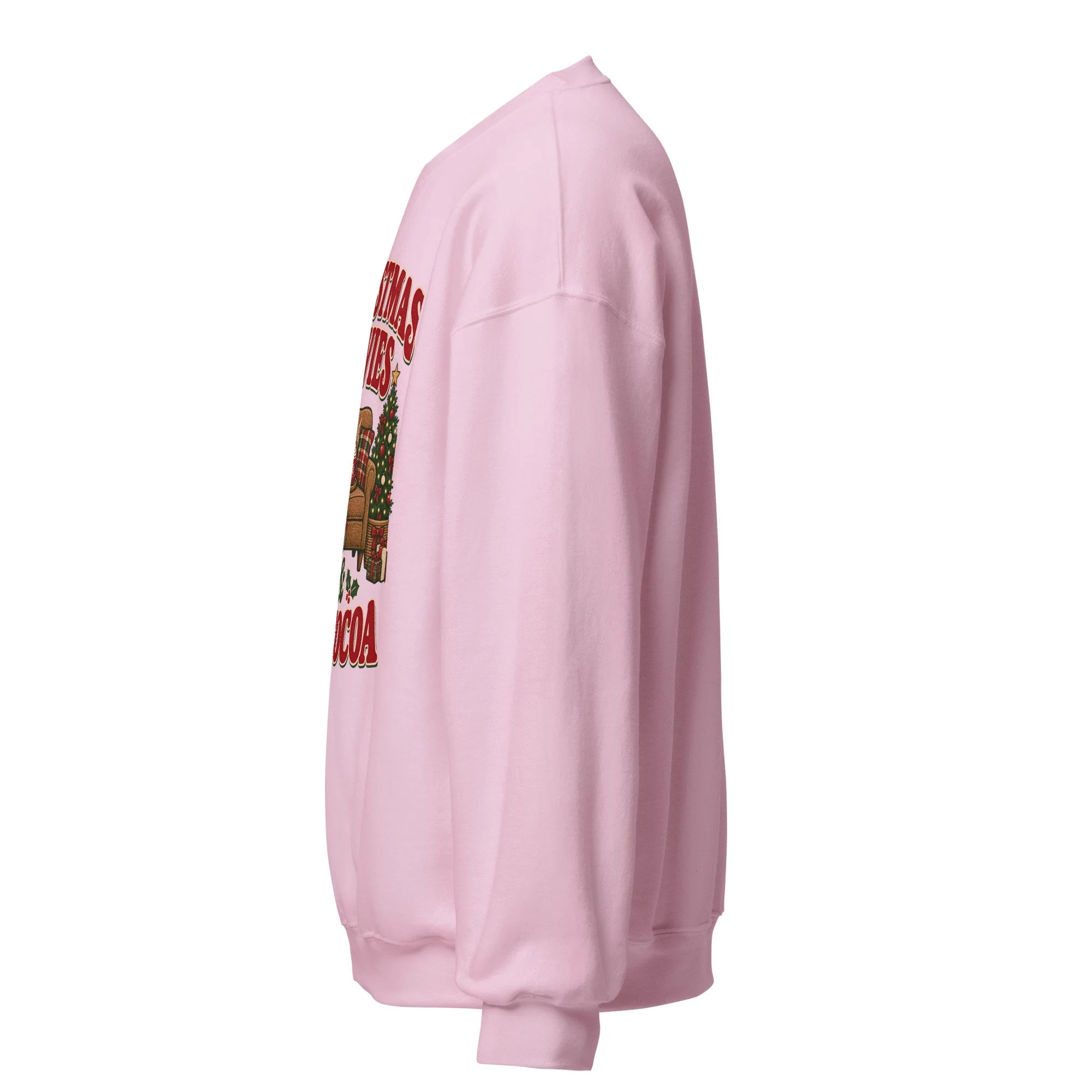 Light pink Christmas Movies and Hot Cocoa crewneck sweatshirt, left side view