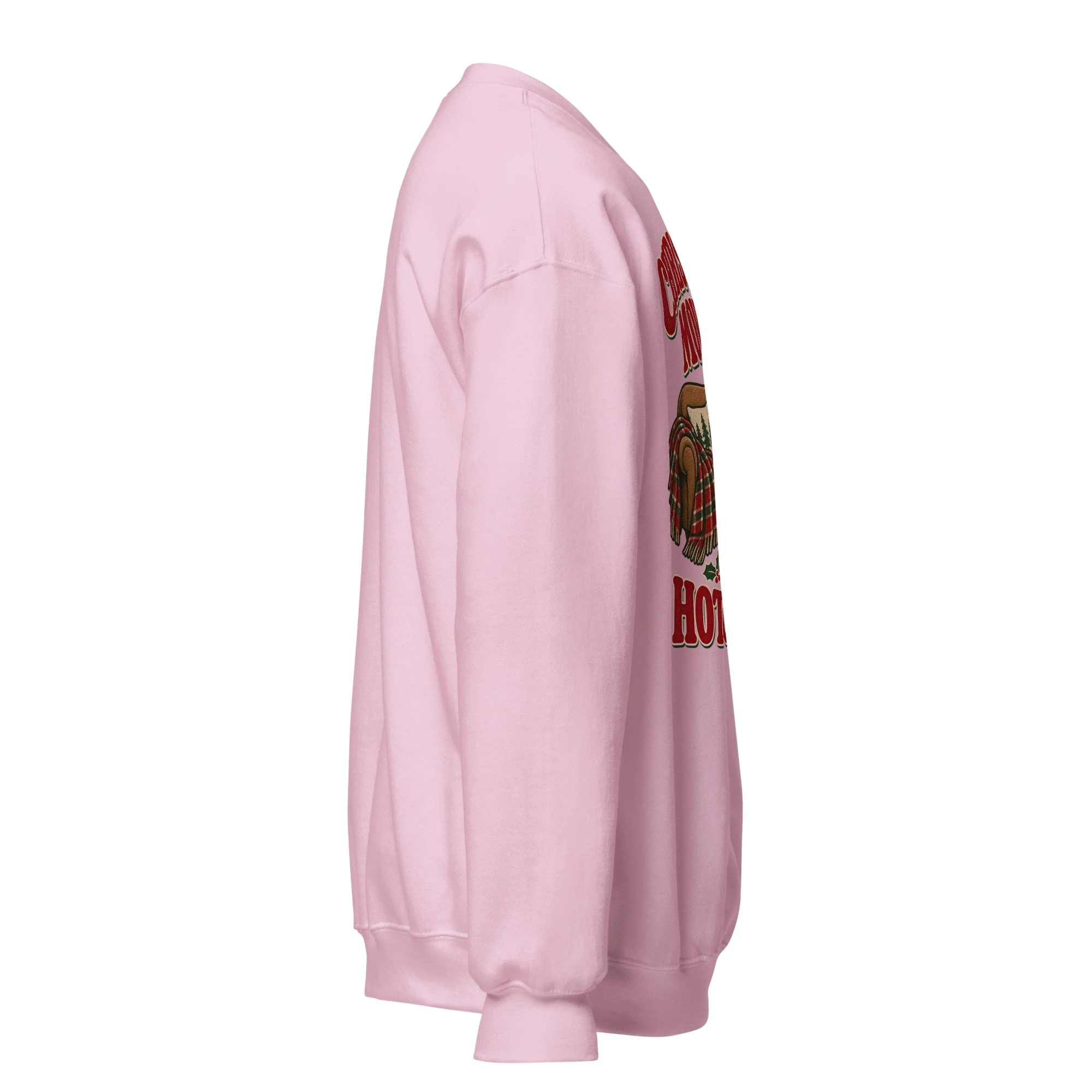 Light pink Christmas Movies and Hot Cocoa crewneck sweatshirt, right side view