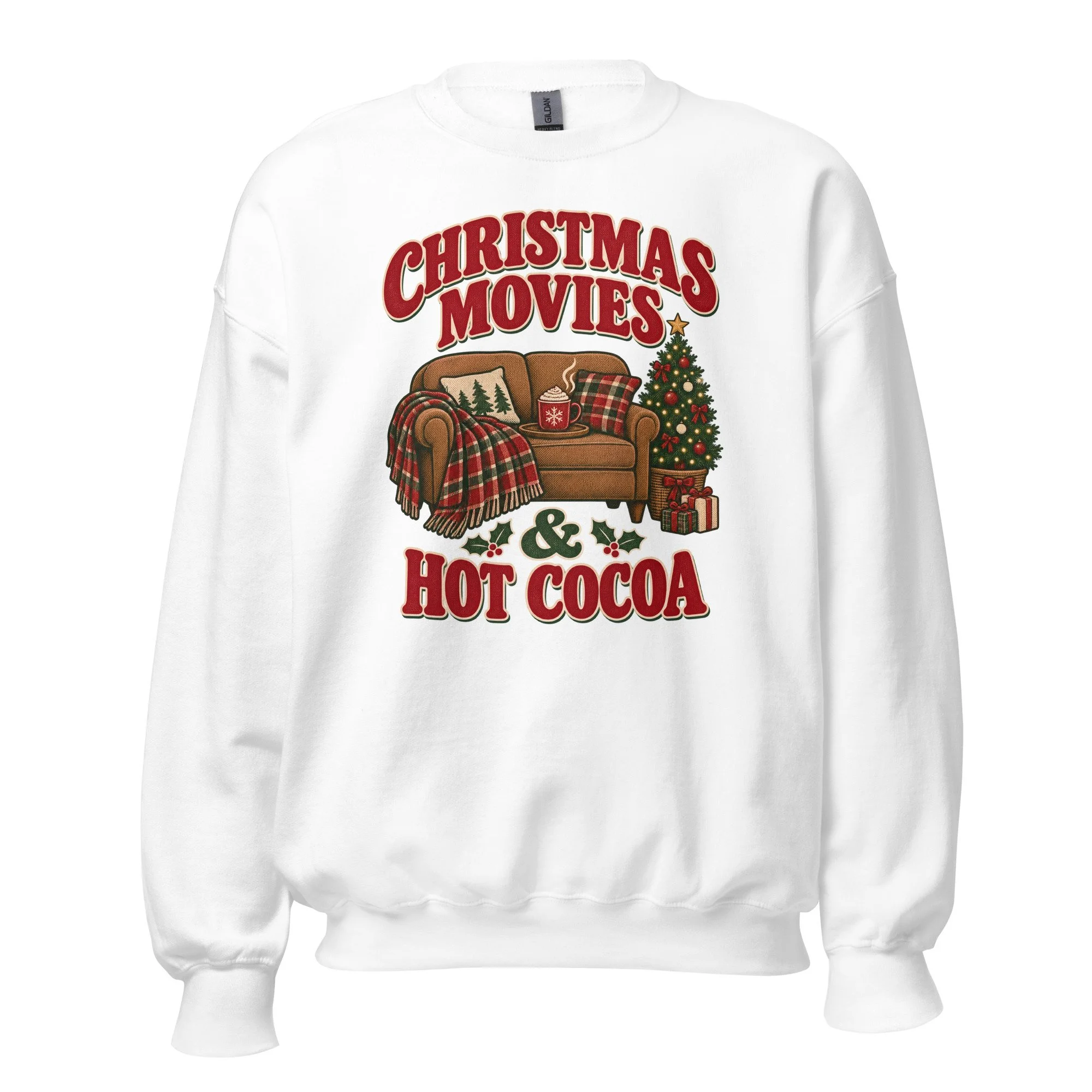 White Christmas Movies and Hot Cocoa crewneck sweatshirt, front view