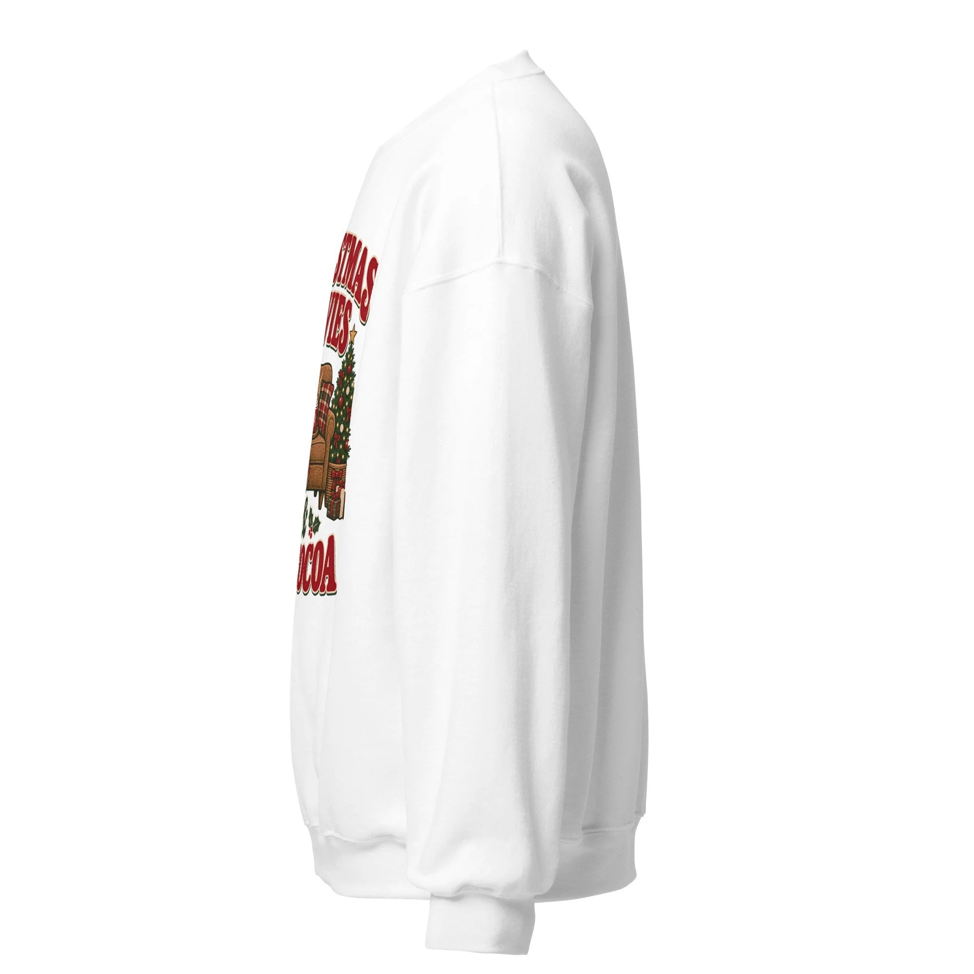 White Christmas Movies and Hot Cocoa crewneck sweatshirt, left side view