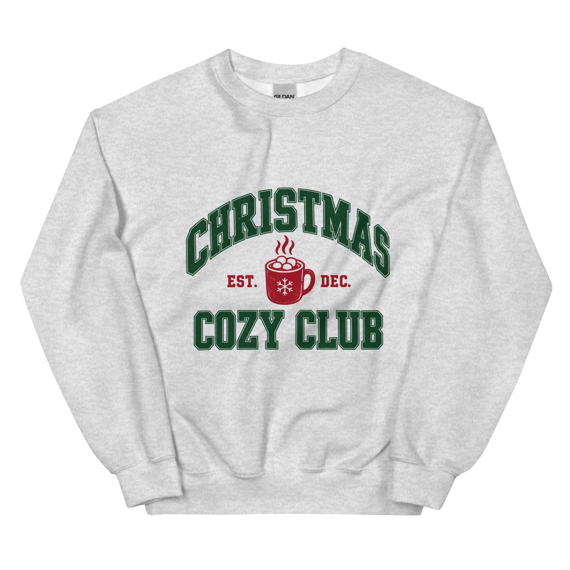 Ash Christmas Cozy Club crewneck sweatshirt, front view