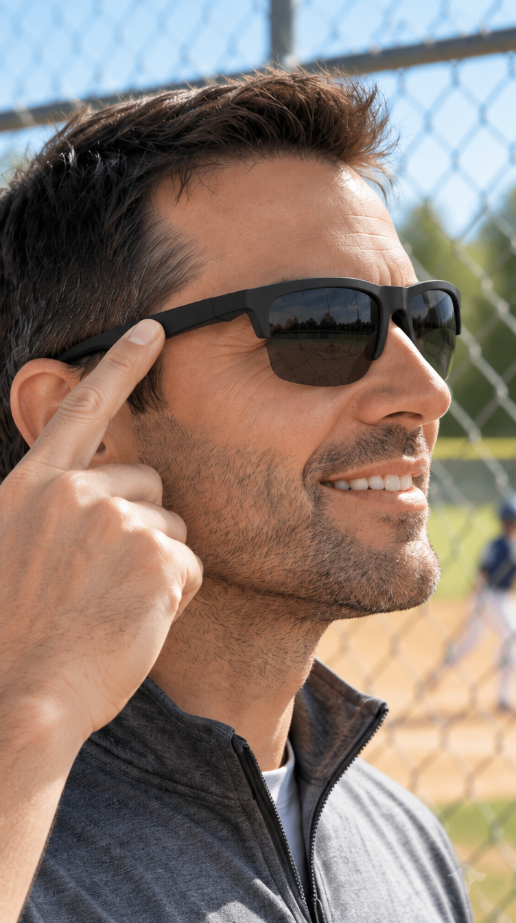 Man tapping TalkShades Bluetooth audio sunglasses to answer a hands-free call