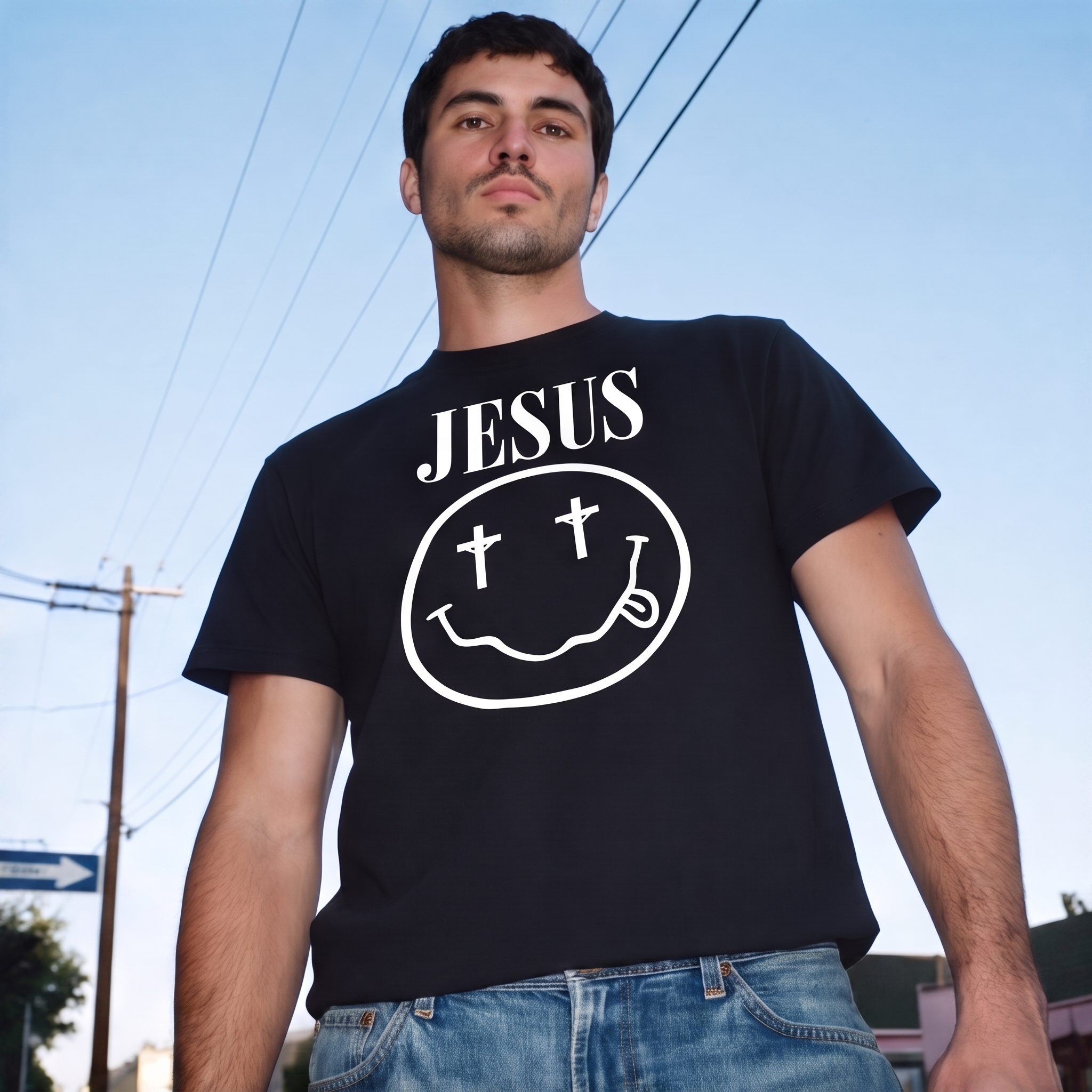 Man wearing a black Fire Lane graphic t-shirt with a "Jesus" print, standing outdoors