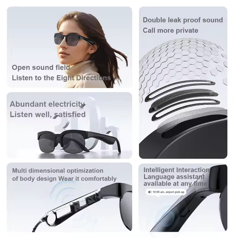 Bluetooth audio sunglasses features: open-ear sound, private calls, long battery life, voice assistant
