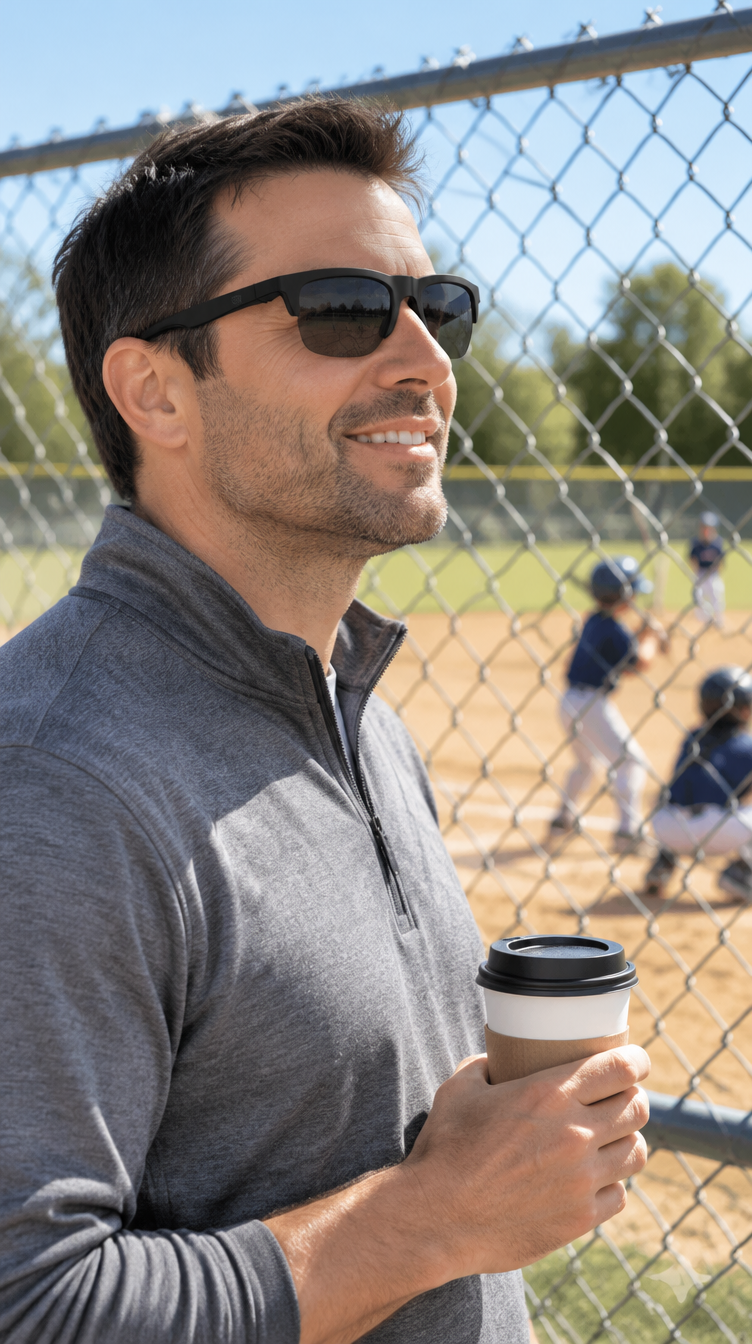 Dad wearing TalkShades Bluetooth audio sunglasses at his kid's baseball game