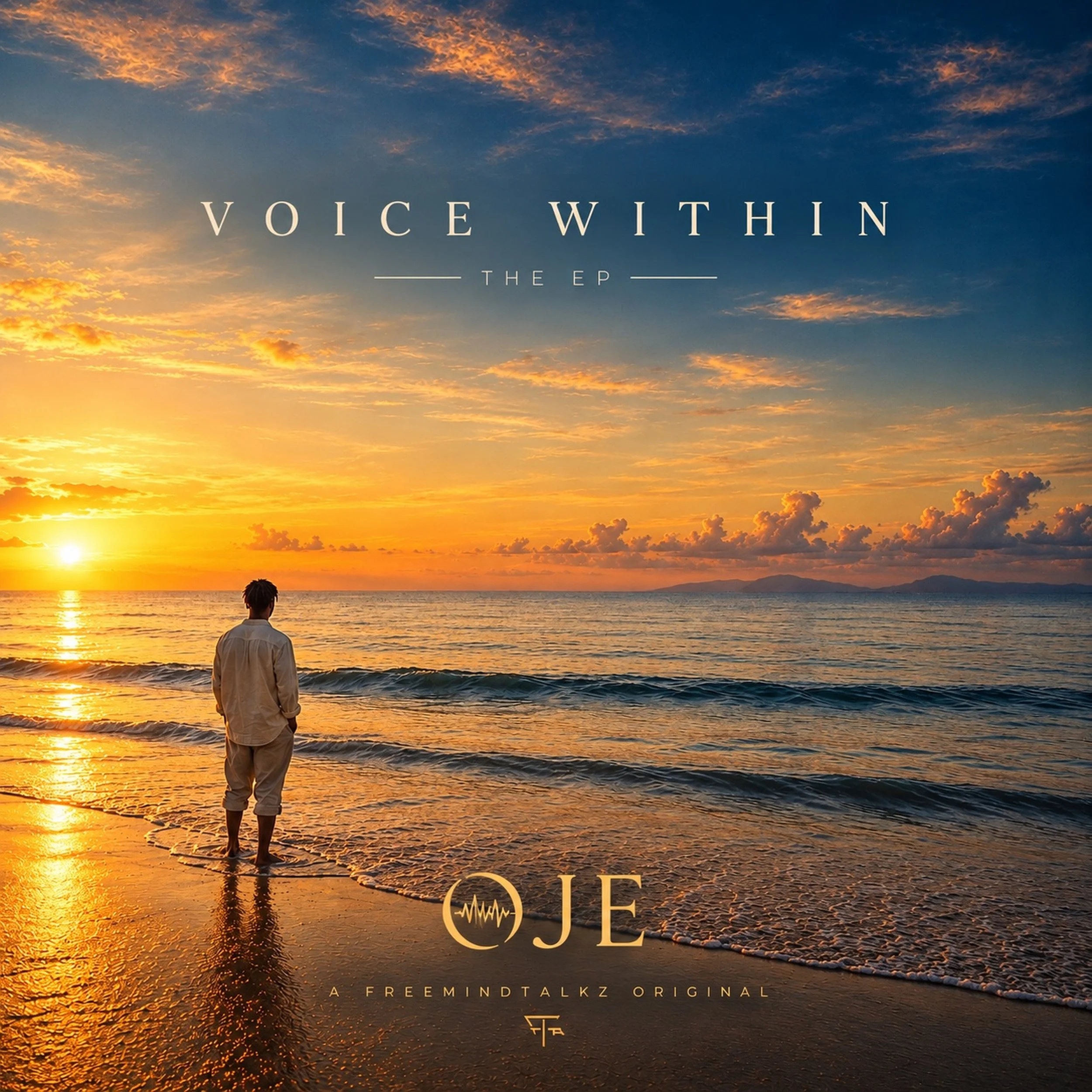 A person with short hair wearing a white shirt stands on the beach, looking at the sunset over the ocean. The sky is filled with orange and blue hues, with clouds scattered across. The image features the text 'Voice Within: The EP' and 'A Freemindtalkz Original' overlayed on the scene.