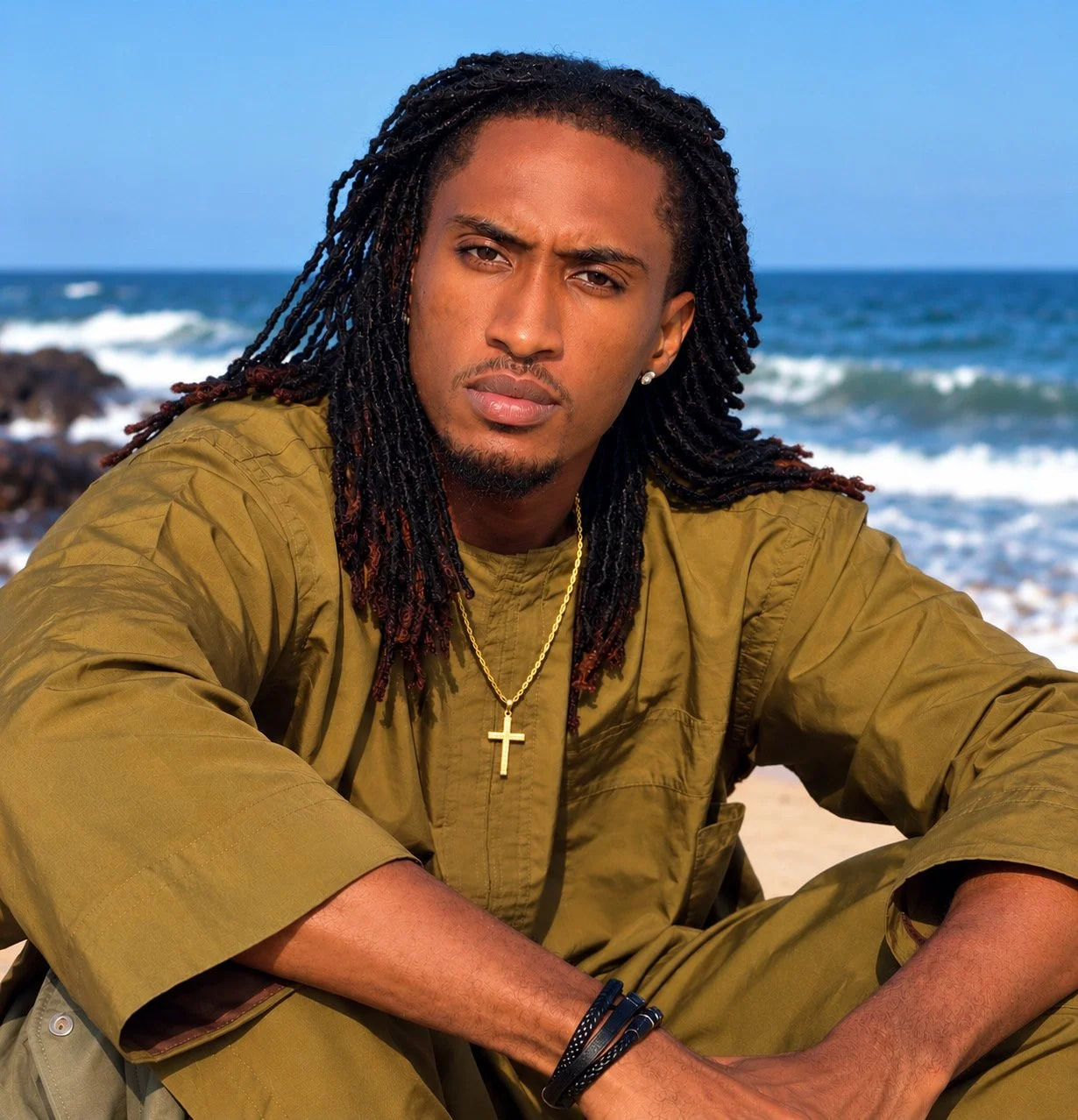 A man with long dreadlocks wearing an olive green shirt and gold cross necklace sitting at the beach with ocean waves in the background.
