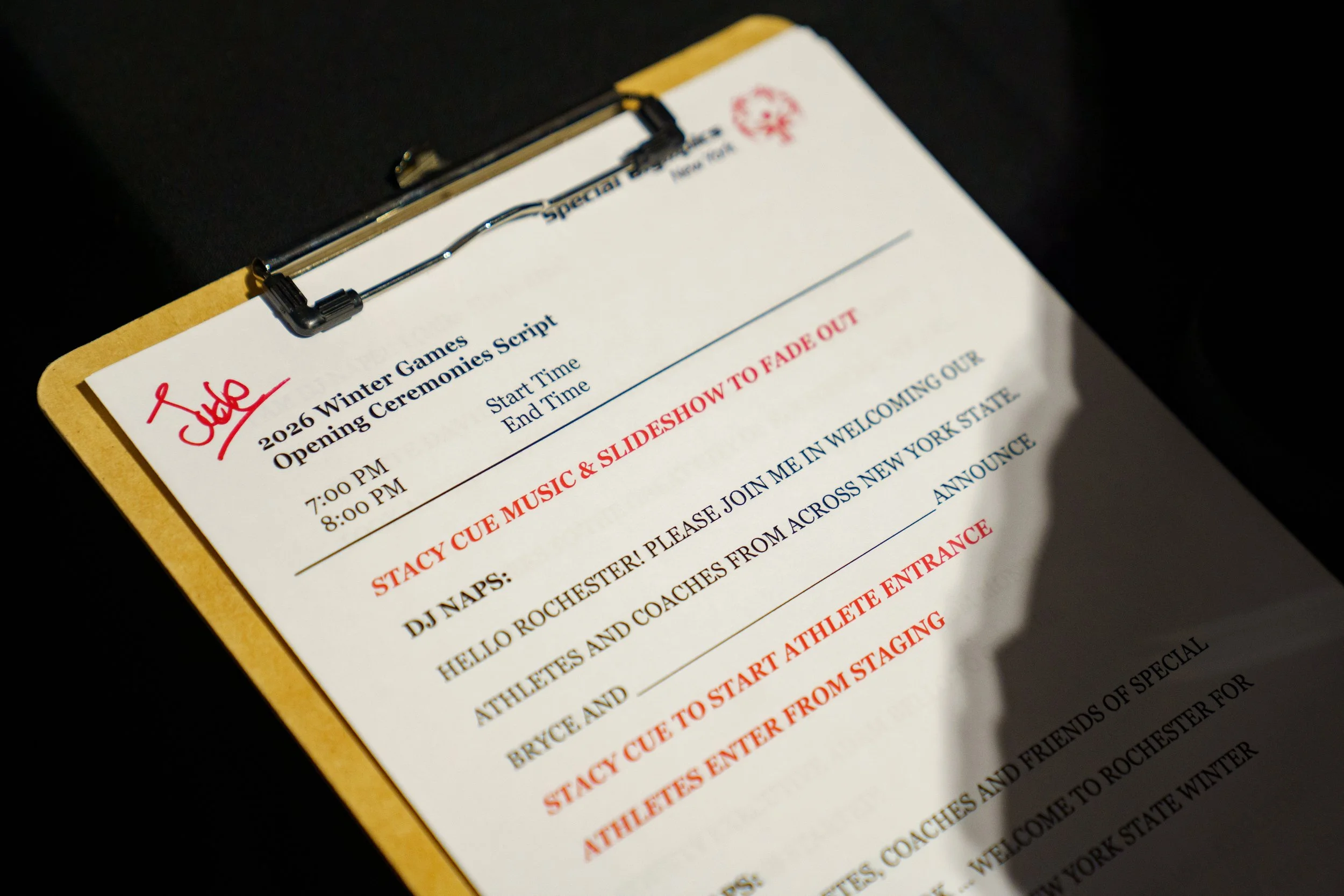  A detail of Jude Killar’s script during the opening ceremonies at Joseph A. Floreano Rochester Riverside Convention Center in Rochester, N.Y. on Feb. 20, 2026.