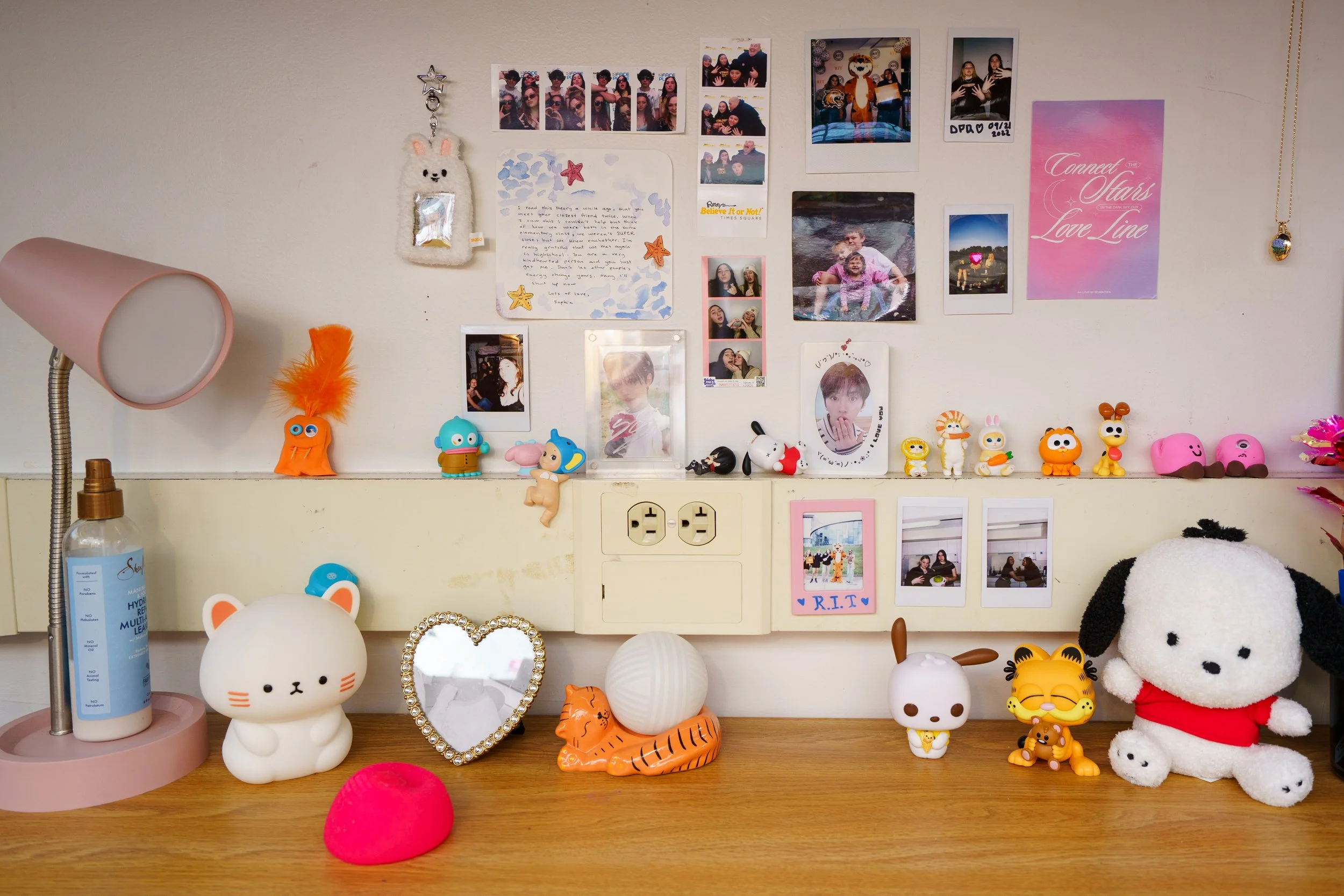 A detail image of Madi Gentes’ desk and decorations in her college dorm room at Rochester Institute of Technology on Apr. 20, 2025 in Rochester, N.Y.