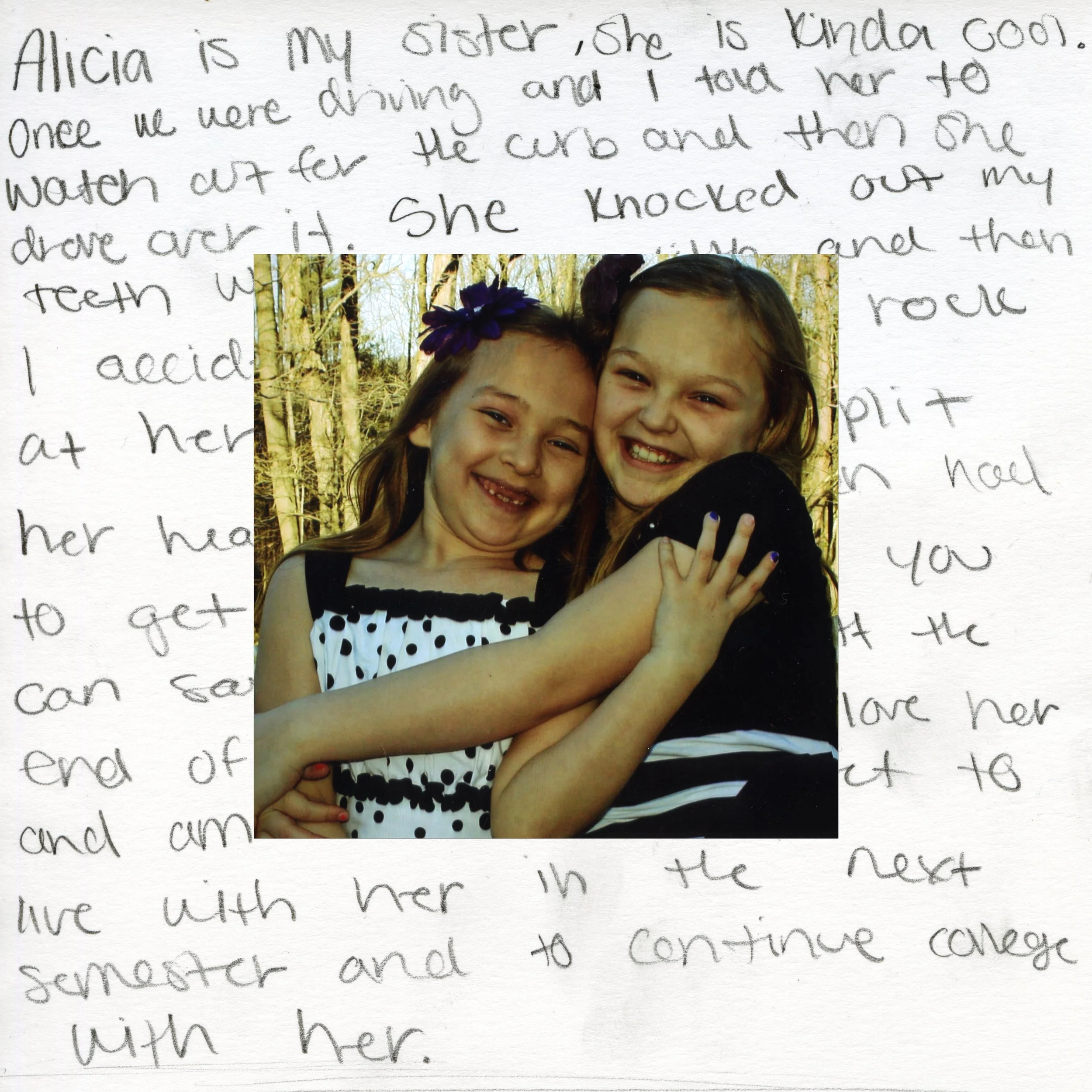  A digital scan of Madi Gentes writing about her relationship with her sister Alicia, accompanied with an old photograph of them in their childhood.
