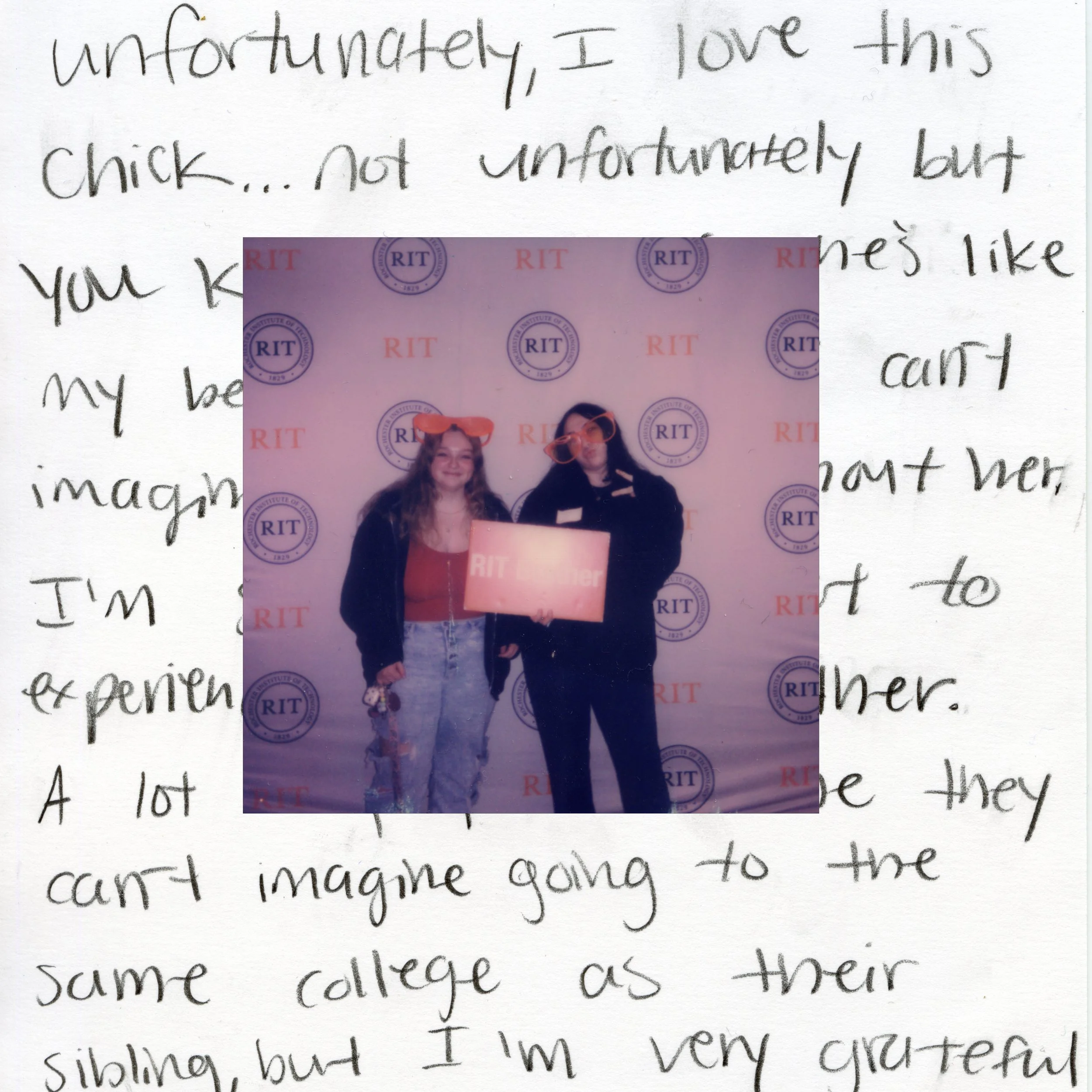 A digital scan of Alicia Gentes writing about her relationship with her sister Madi, accompanied with an old photograph of them at Alicia’s college orientation at Rochester Institute of Technology in Rochester, N.Y.