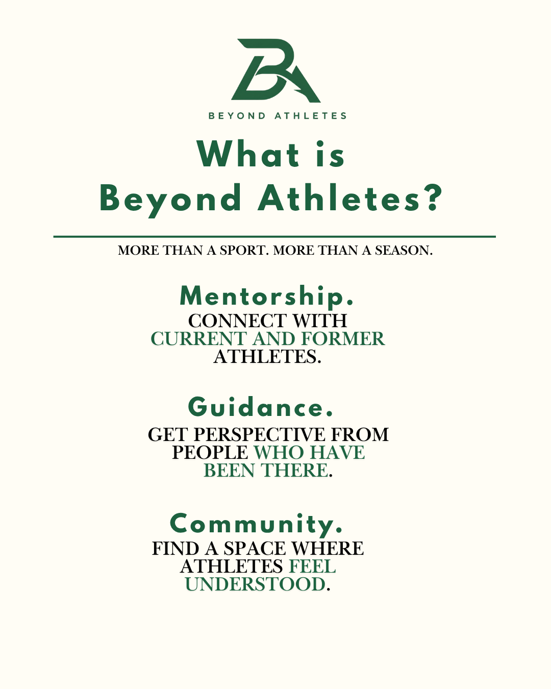 A motivational poster for Beyond Athletes with the logo and text emphasizing mentorship, guidance, and community for current and former athletes.