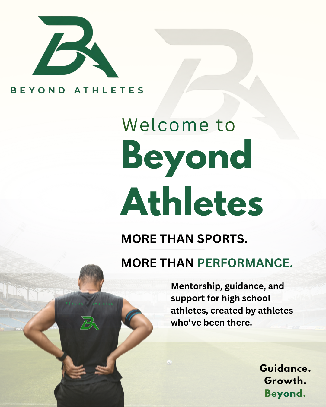 Poster for Beyond Athletes featuring a person in athletic gear with their back to the camera, standing on a stadium field, with the Beyond Athletes logo and event slogan.