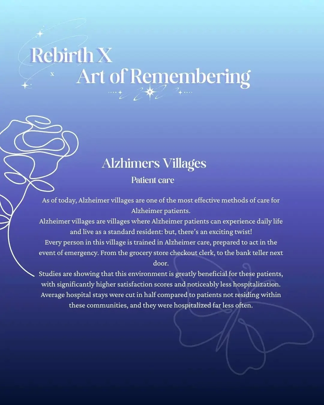 Rebirth X is happy to announce our collaboration with Art of Remembering! 
Explore Alzhiemers villages with us-- an emerging care method for Alzheimers and dementia patients!
 
Interested?
Get involved with Rebirth X through our linktree today 🧬🧪