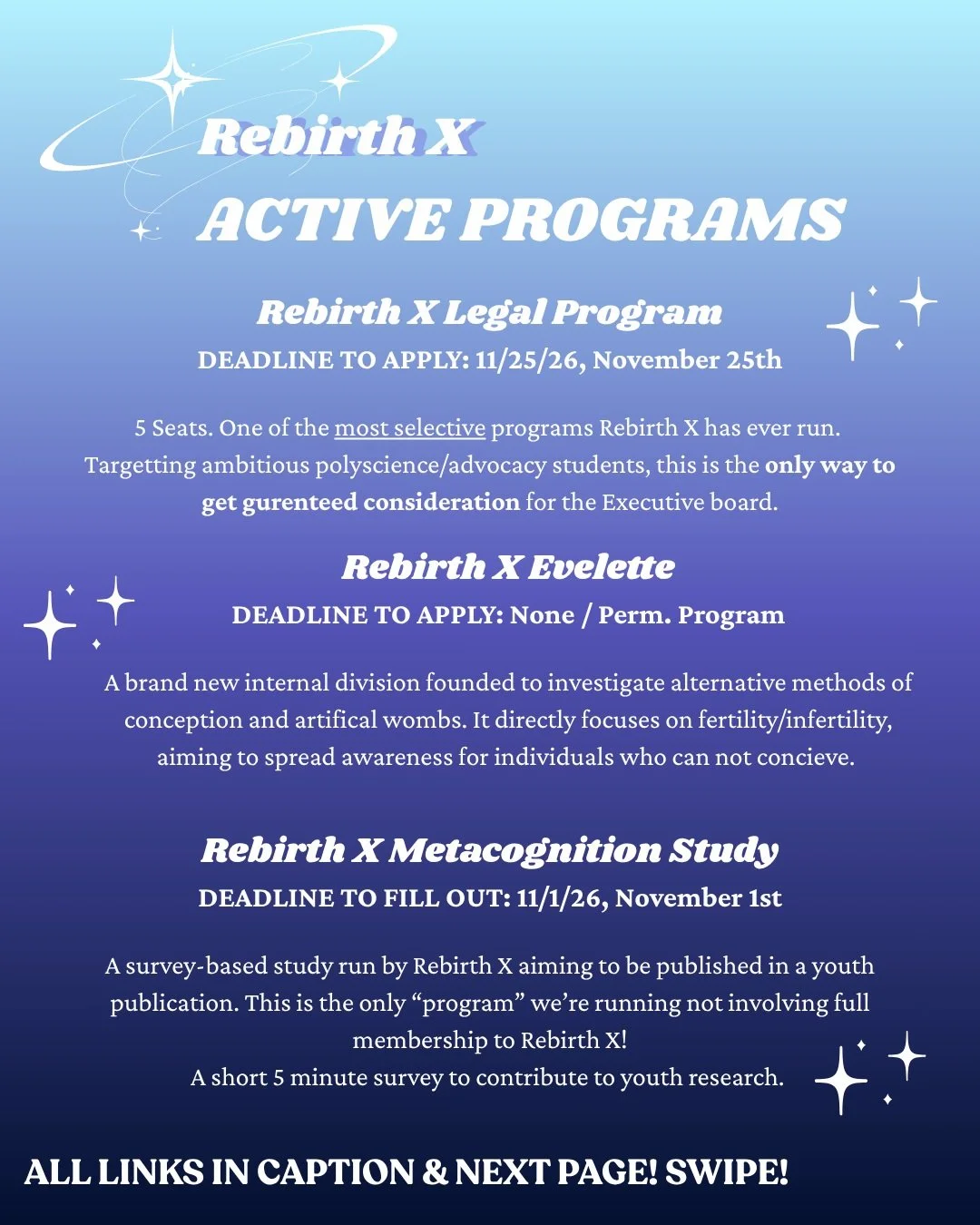 The HOTTEST Rebirth X programs as of late! 🔥
Comment "RESEARCH" and follow our account and we'll send the links directly to your messages!

Rebirth X Legal program:
https://forms.gle/t3EwwHu24PqbYkbi6
Rebirth X Evelette:
https://forms.gle/