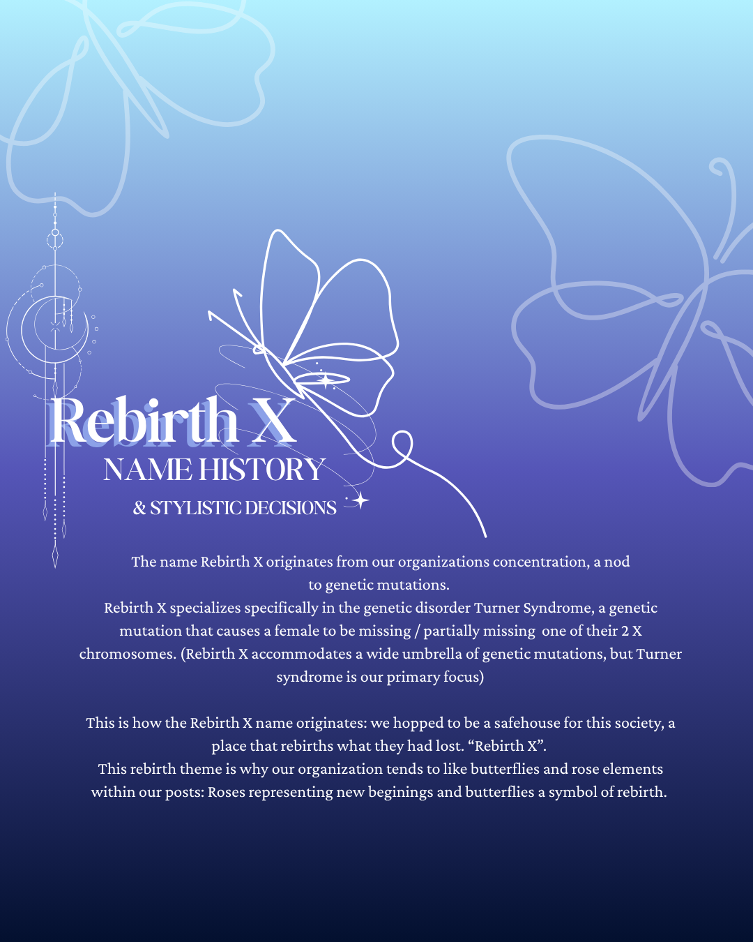 An informational poster with a blue gradient background, featuring white butterfly outlines and a moon with stars, titled "Rebirth X: Name History & Stylistic Decisions." The poster discusses the origin of the name Rebirth X, its focus on genetic mutation and Turner Syndrome, and the symbolism of butterflies and roses.